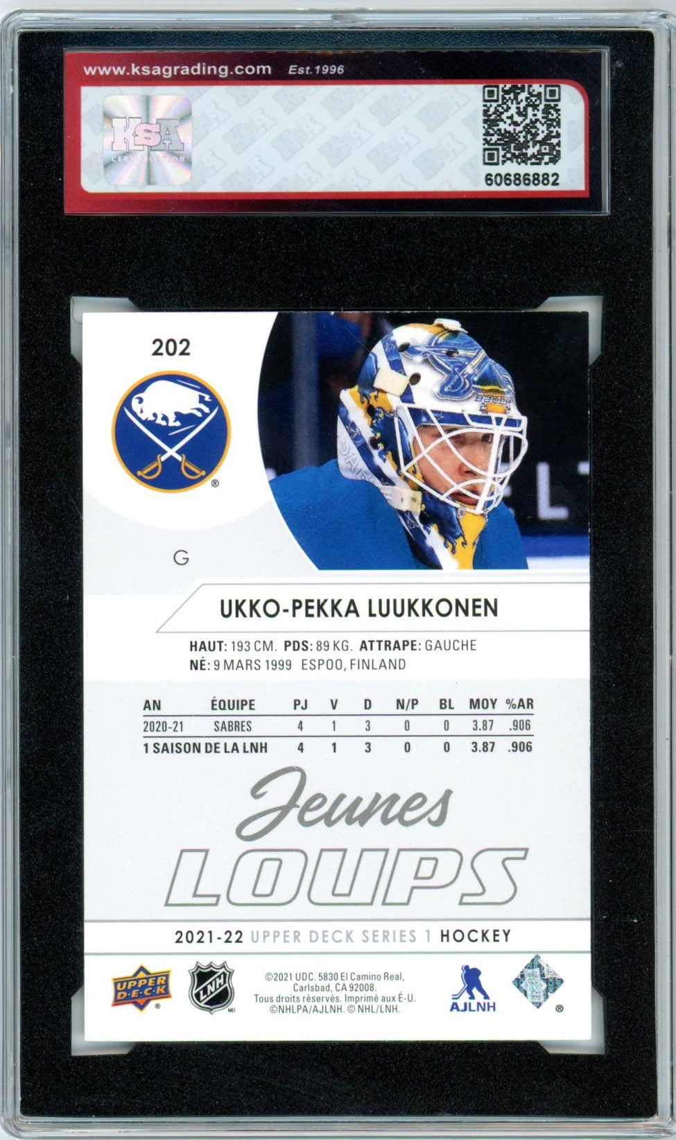 2021/22 Upper Deck French Ukko-Pekka Luukkonen #202 Young Guns Graded Hockey Rookie Card KSA 8.5