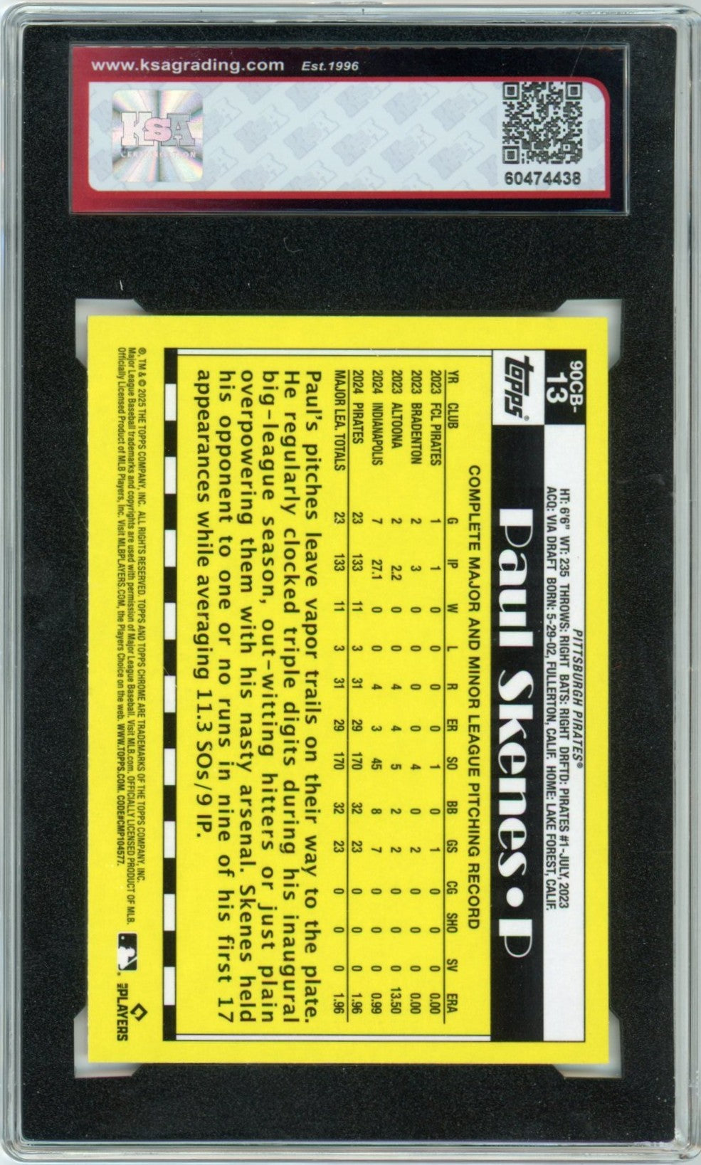 2025 Topps Chrome Paul Skenes Topps 35th Anniversary "Rookie Cup" Baseball Card KSA 9.5
