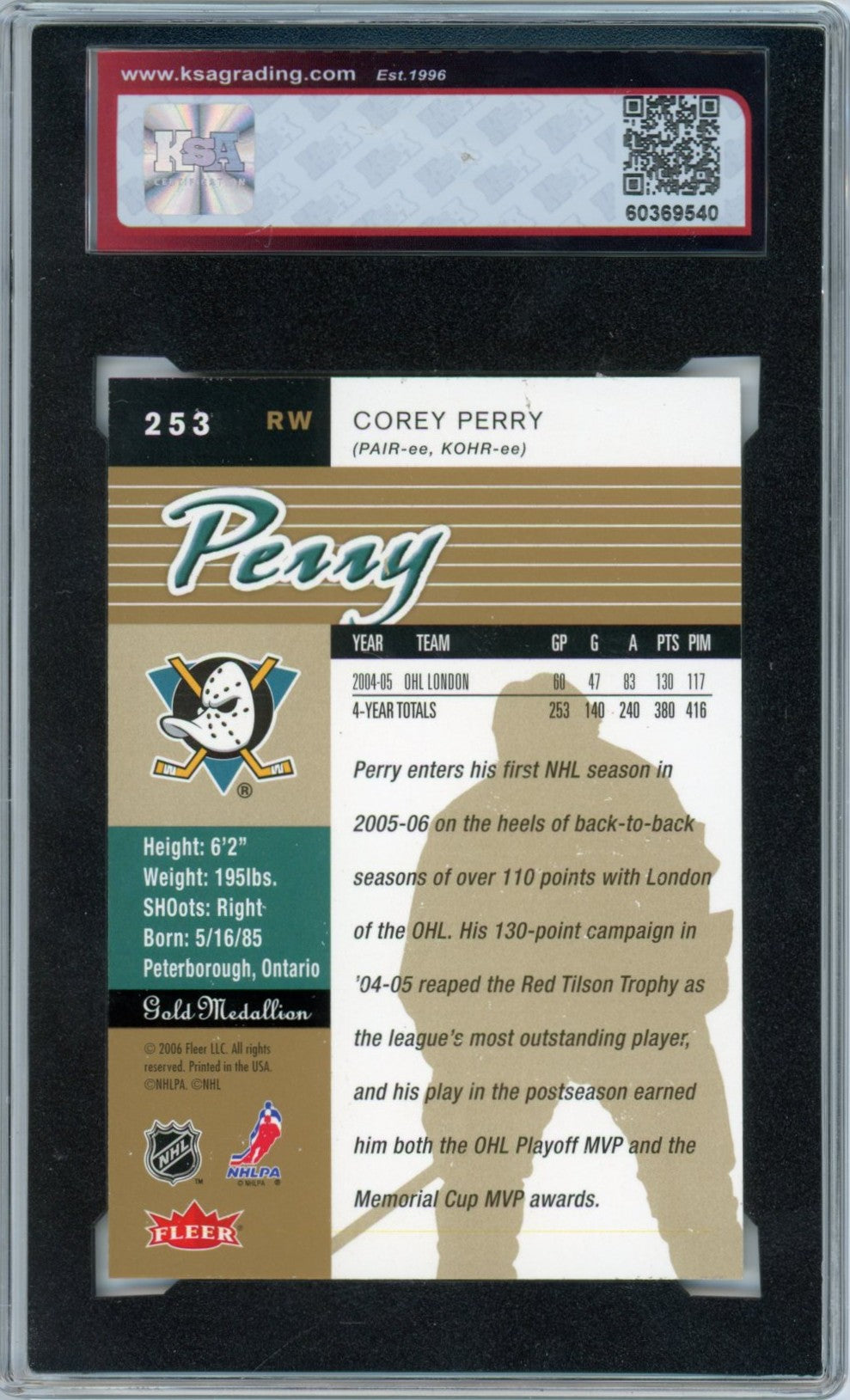 2005/06 Fleer Ultra Corey Perry Gold Medallion Graded Rookie Card #253 KSA 8.5