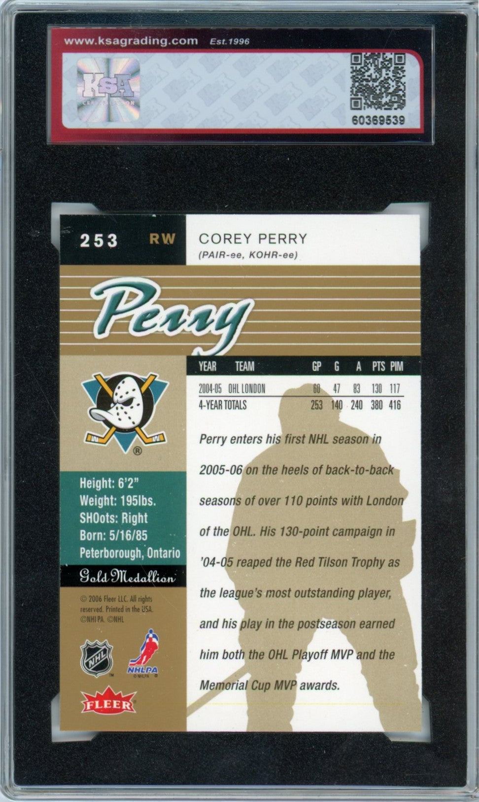 2005/06 Fleer Ultra Corey Perry Gold Medallion Graded Rookie Card #253 KSA 9