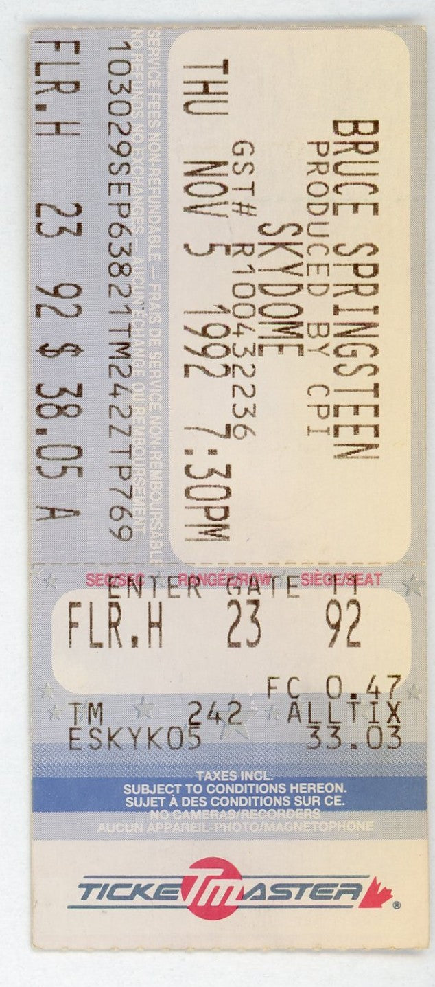 Bruce Springsteen Vintage Concert Ticket Skydome (Toronto, 1992)