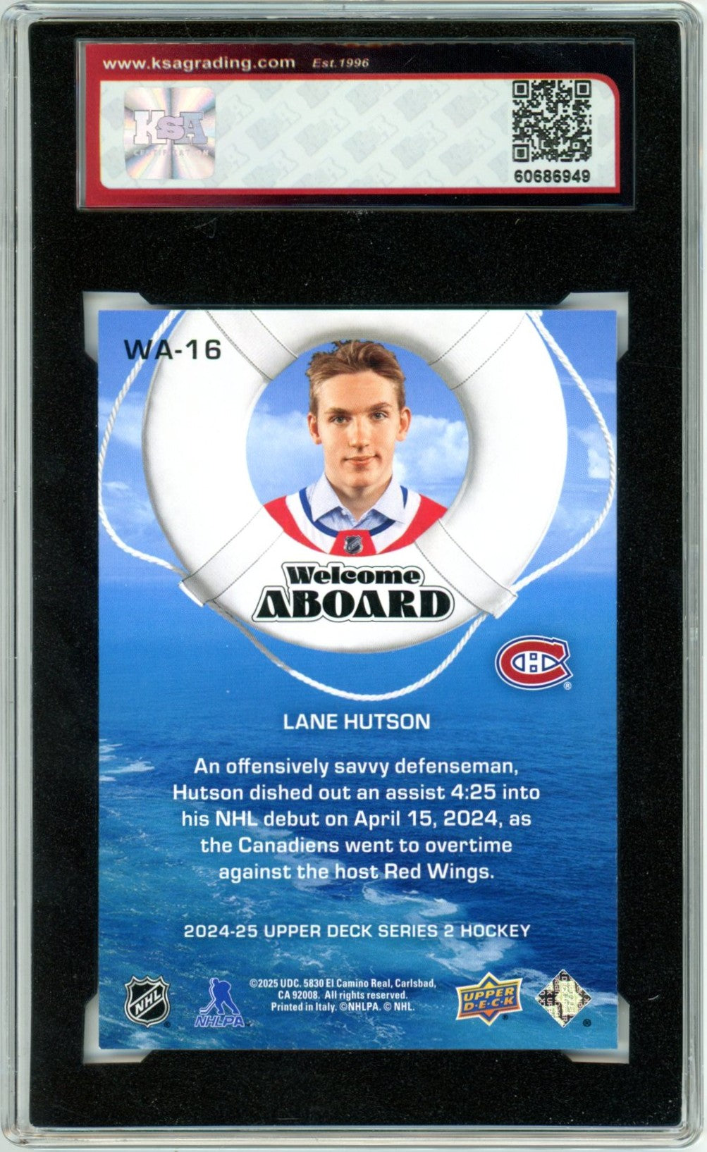 2024/25 Upper Deck Lane Hutson Welcome Aboard #WA-16 Graded Hockey Rookie Card KSA 9