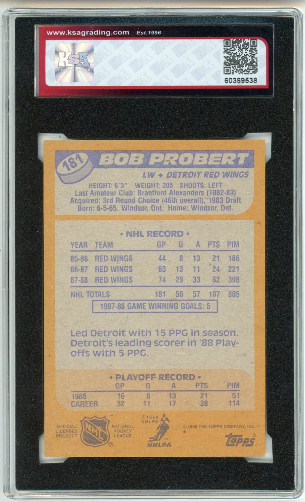 1988/89 Topps Bob Probert Graded Rookie Card #181 KSA 8.5