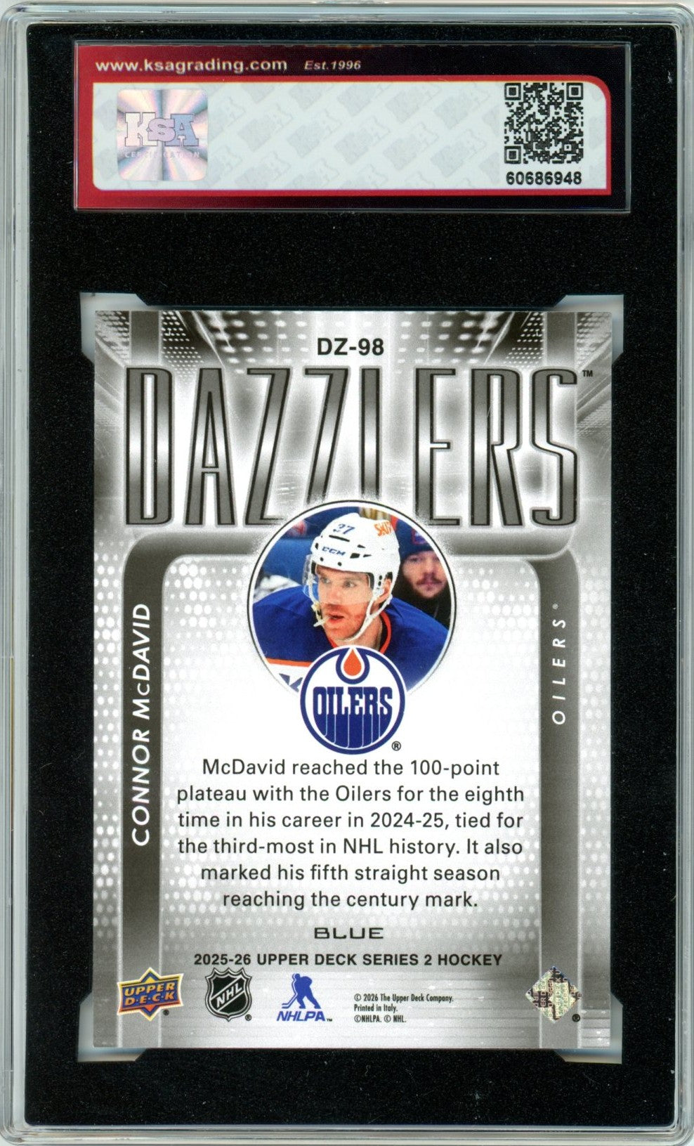 2025/26 Upper Deck Connor McDavid Dazzlers Blue #DZ-98 Graded Card KSA 10