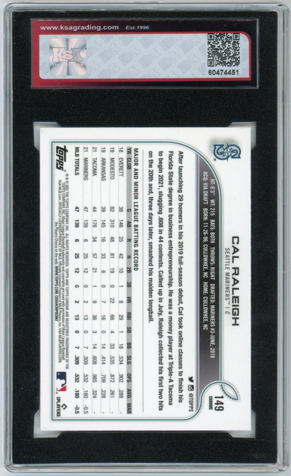2022 Topps Chrome Cal Raleigh Graded Rookie Card KSA 10