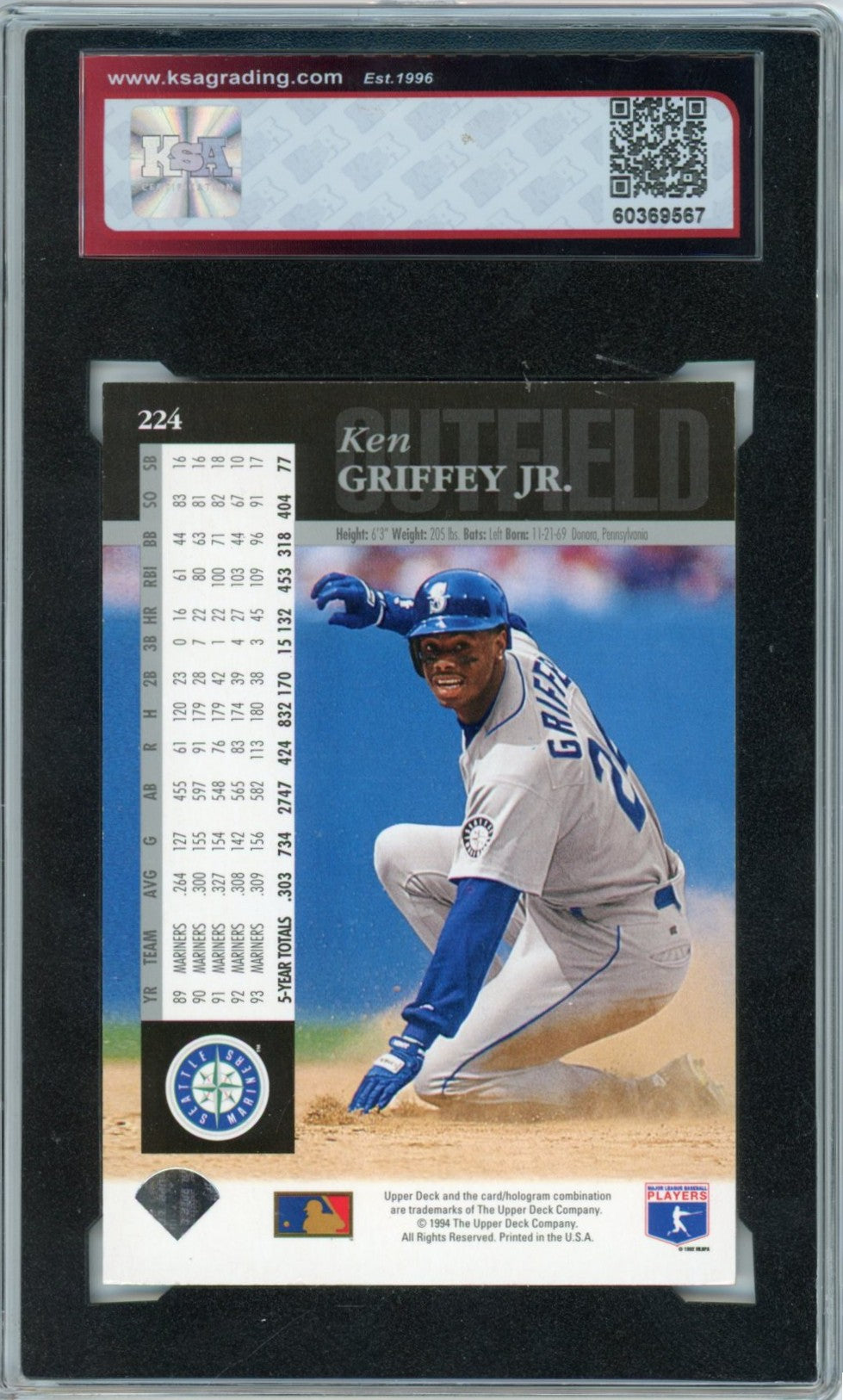 1994 Upper Deck Ken Griffey Jr. Silver Back Electric Diamond Graded Baseball Card #224 KSA 7.5