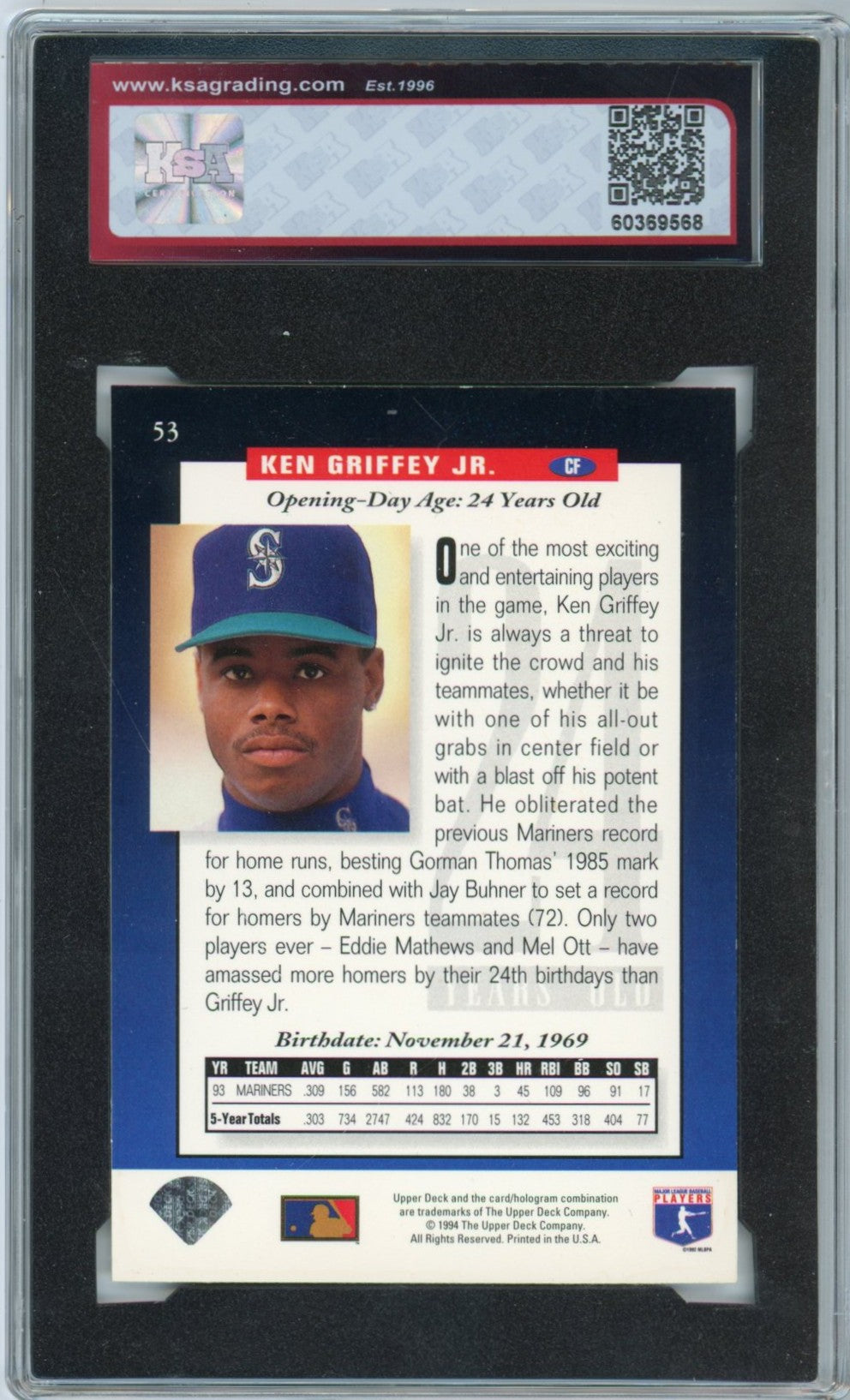 1994 Upper Deck Ken Griffey Jr. Electric Diamond Graded Baseball Card #53 KSA 7
