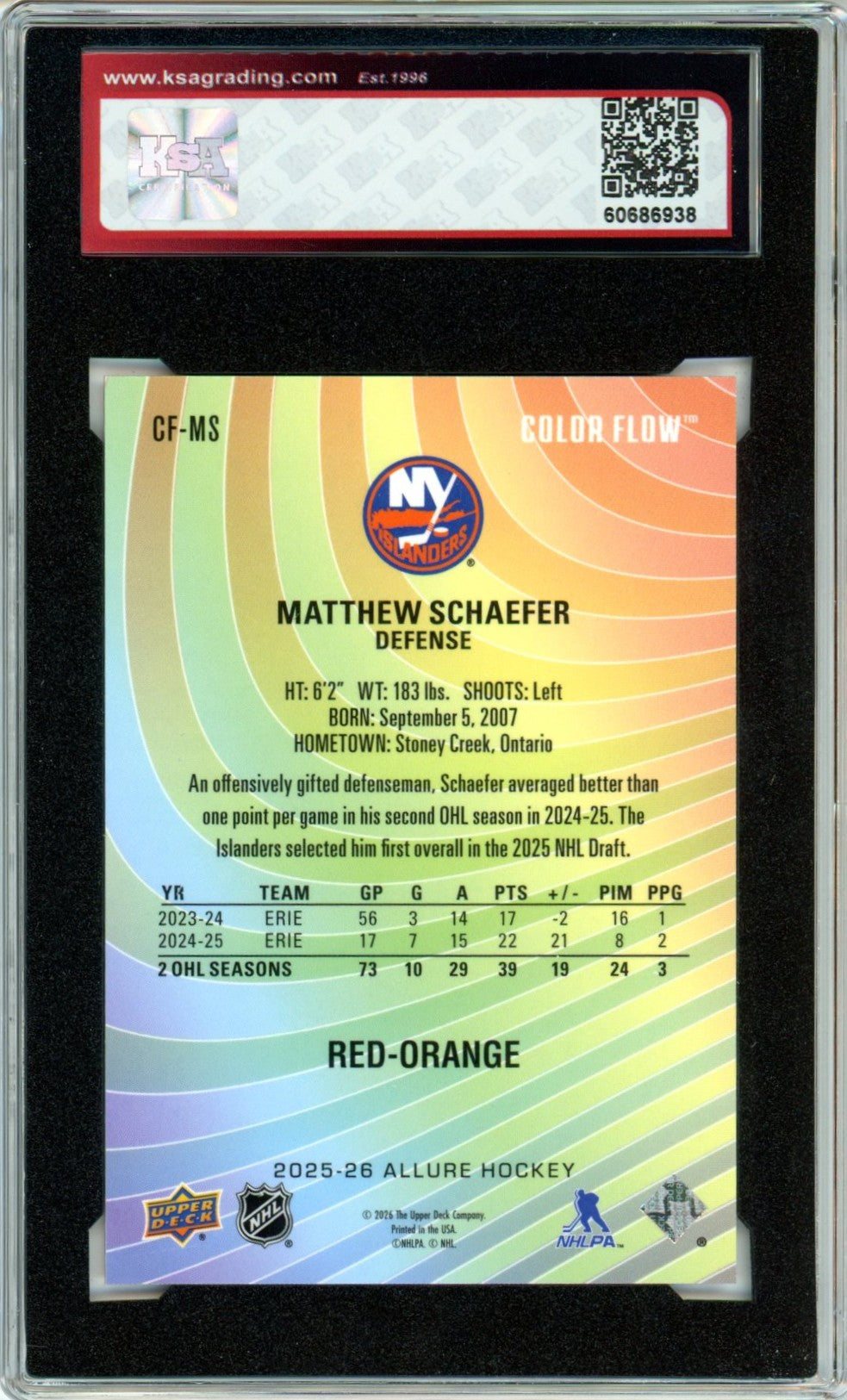 2025/26 Upper Deck Allure Matthew Schaefer Color Flow Red/Orange #CF-MS Graded Hockey Card KSA 10