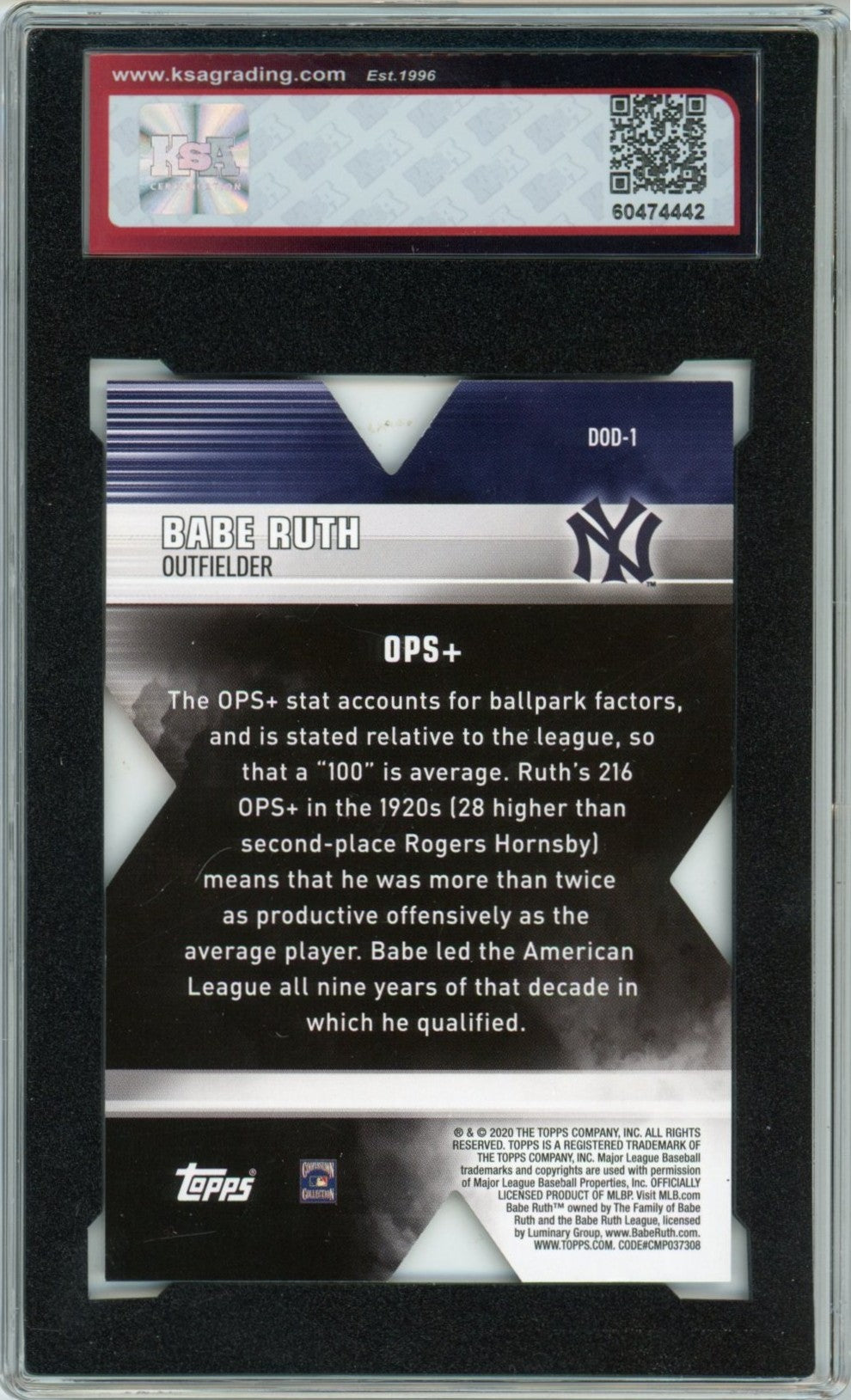 2020 Topps Babe Ruth Decade of Dominance Die Cut Graded Baseball Card KSA 9