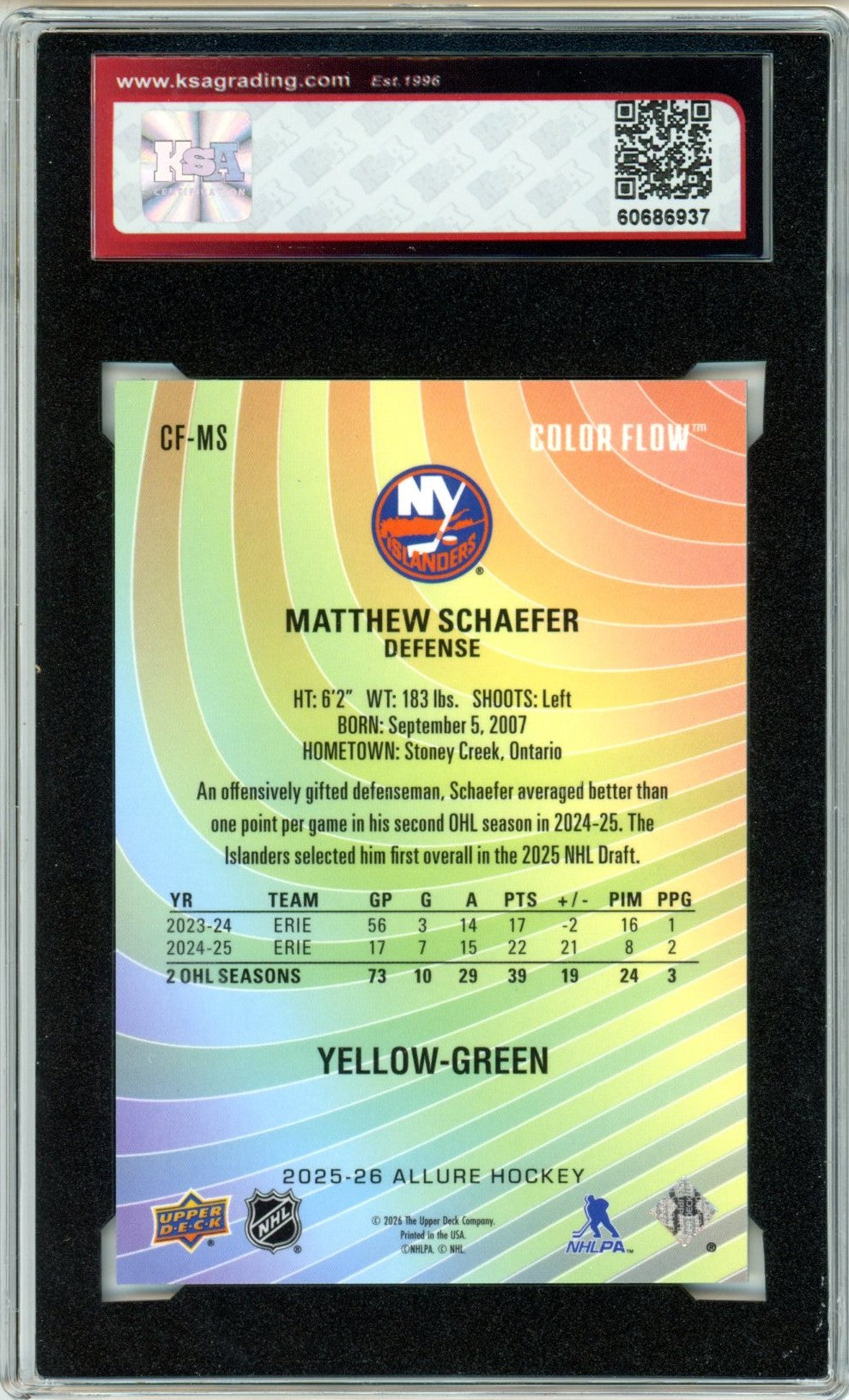 2025/26 Upper Deck Allure Matthew Schaefer Color Flow Yellow/Green #CF-MS Graded Hockey Card KSA 10