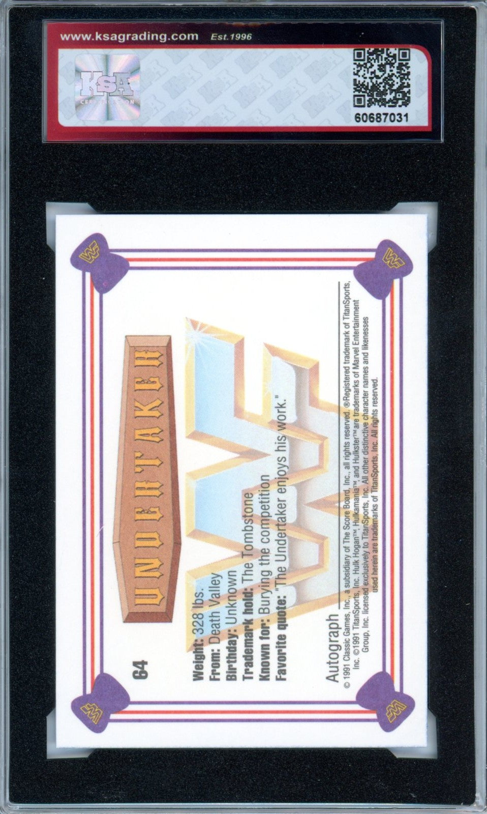 1991 Classic WWF Superstars Undertaker Graded Rookie Card KSA 7.5