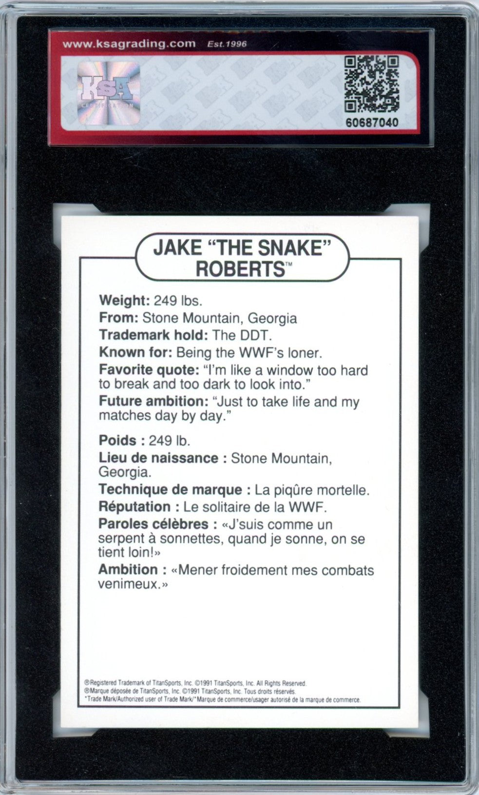 1991 Swanson WWF Jake "The Snake" Roberts Graded Wrestling Card KSA 8