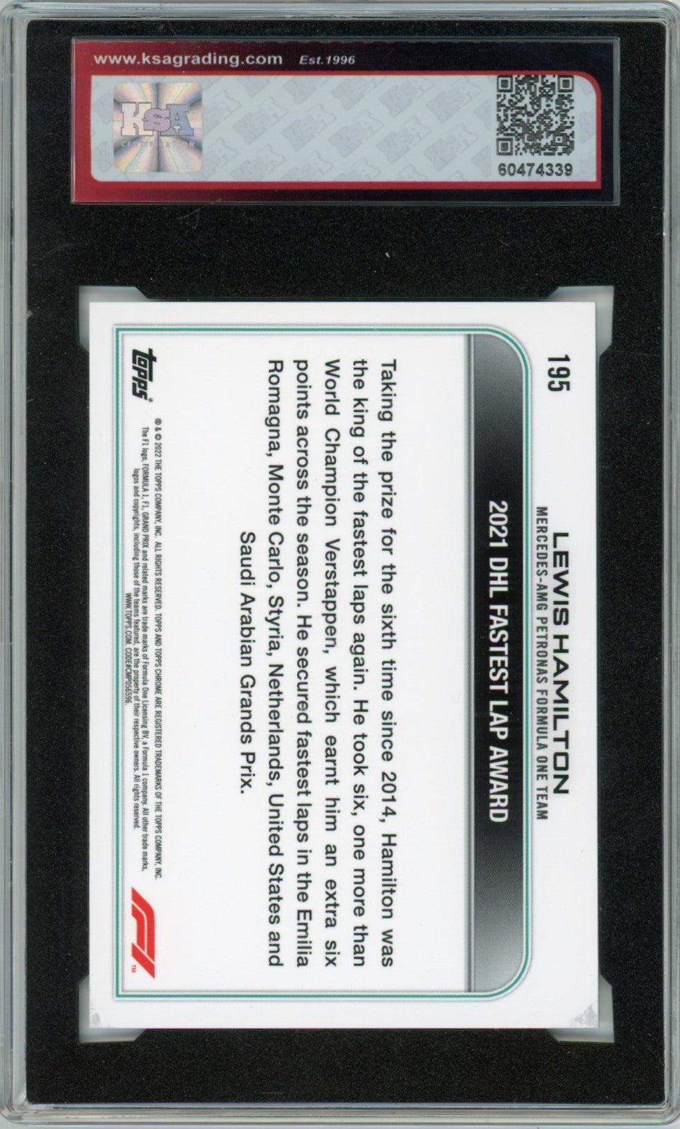 2022 Topps Chrome F1 Formula 1 Lewis Hamilton Award Winner Graded Card #195 KSA 9.5