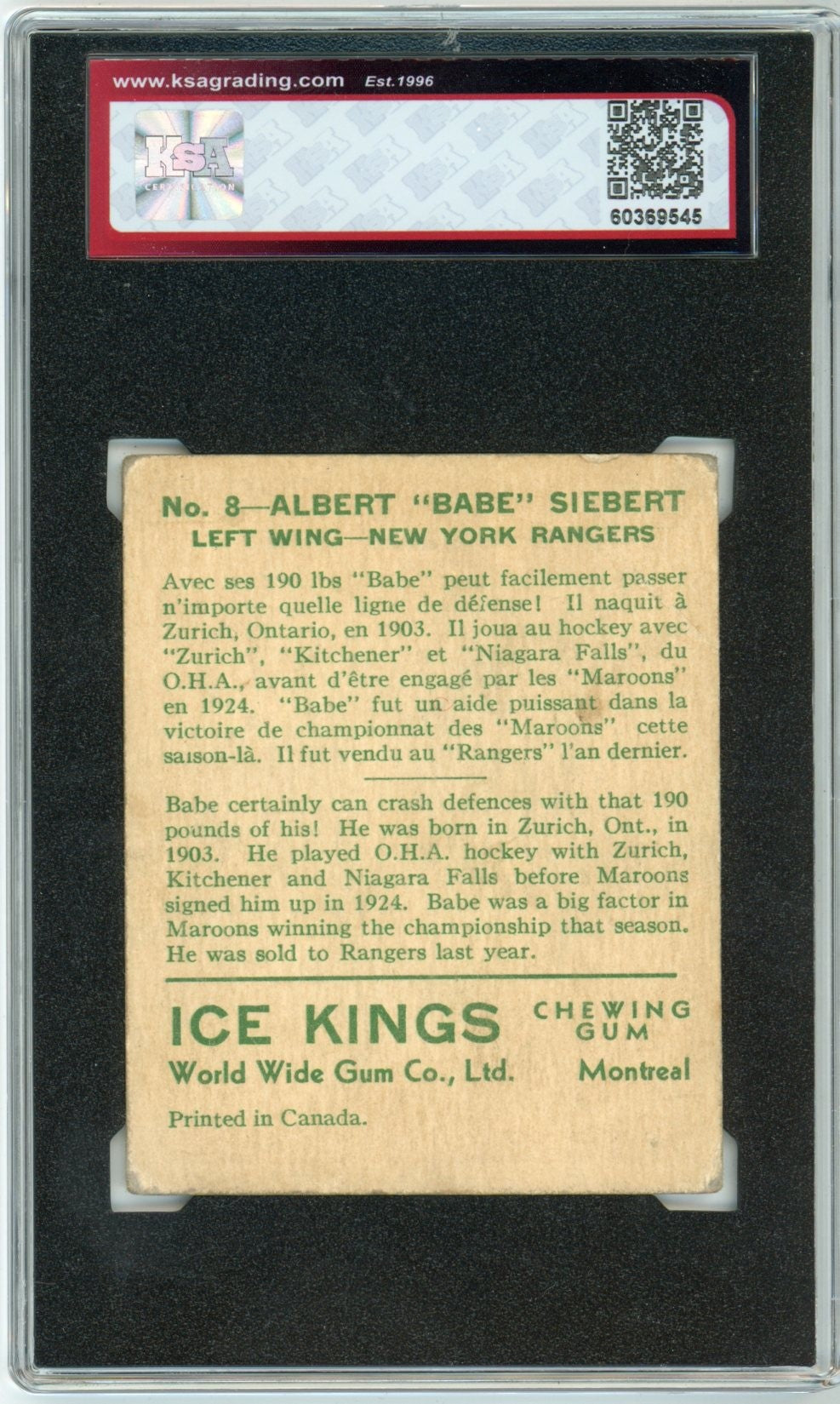 1933/34 World Wide Gum Albert "Babe" Seibert Graded Rookie Card #8 KSA 2