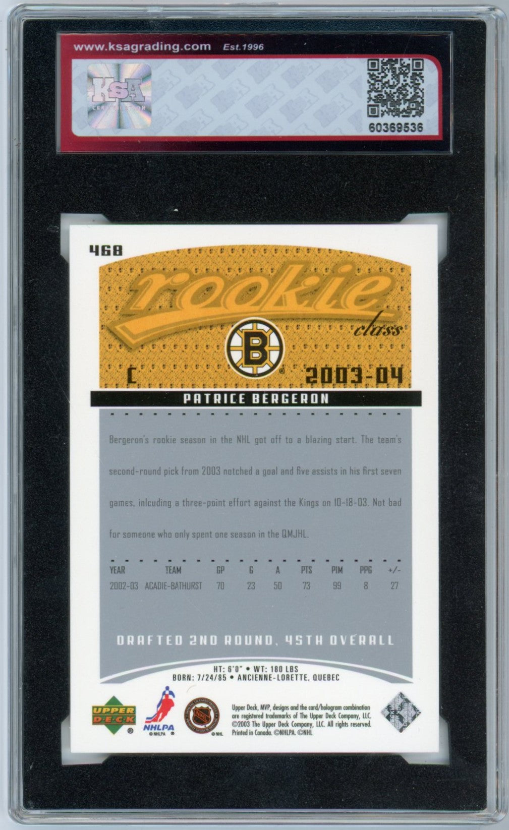 2003/04 Upper Deck MVP Patrice Bergeron Graded Rookie Card #468 KSA 8.5