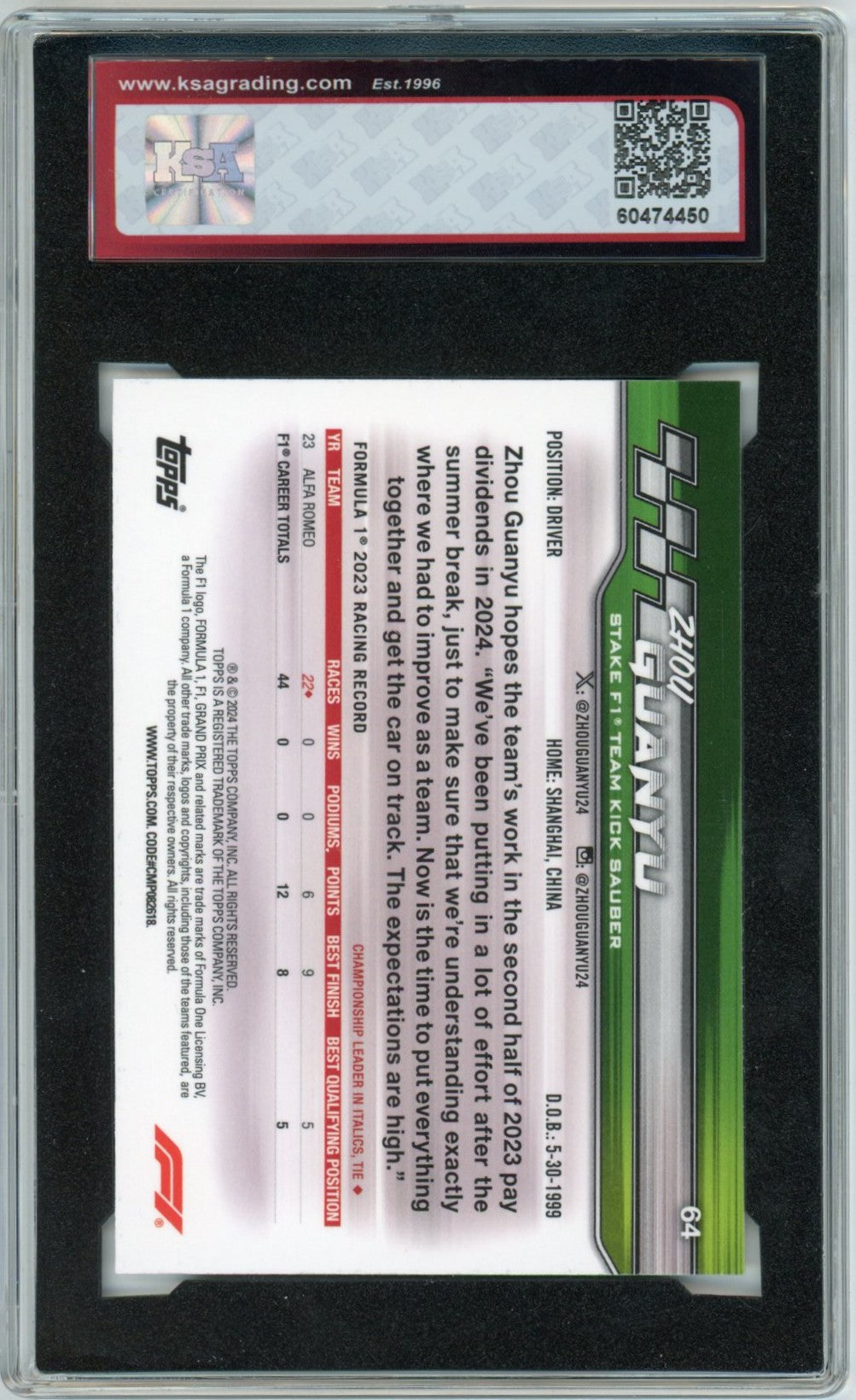 2024 Topps Paddock Pass F1 Formula 1 Zhou Guanyu Chrome Graded Card #64 KSA 10