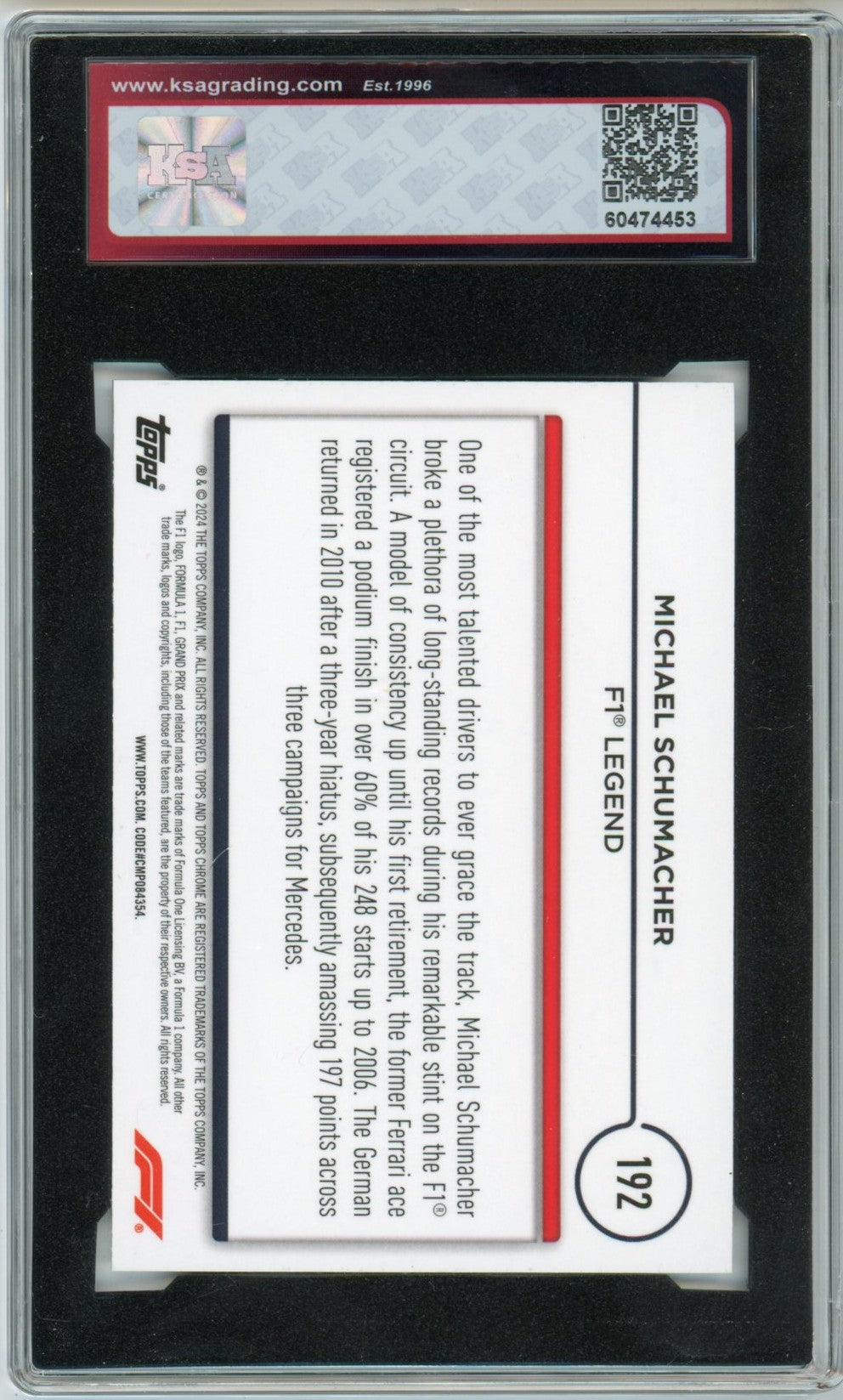 2024 Topps Chrome F1 Formula 1 Michael Schumacher Legends Graded Card #192 KSA 9