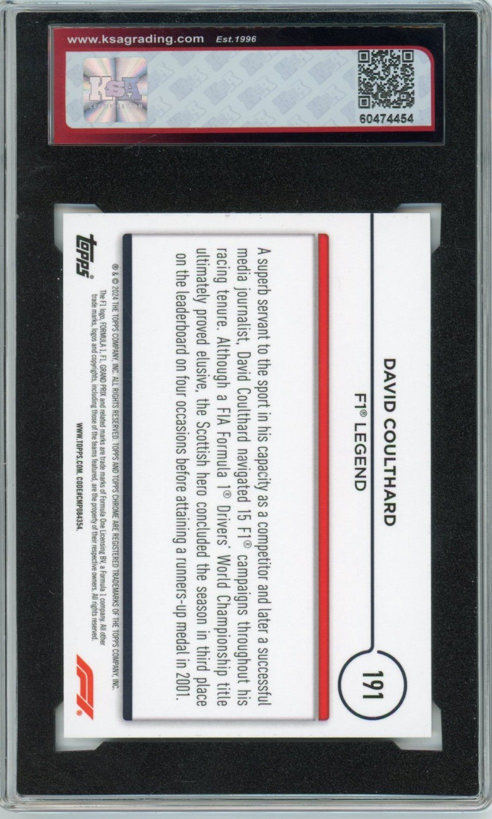 2024 Topps Chrome F1 Formula 1 David Coulthard Legends Graded Card #191 KSA 10