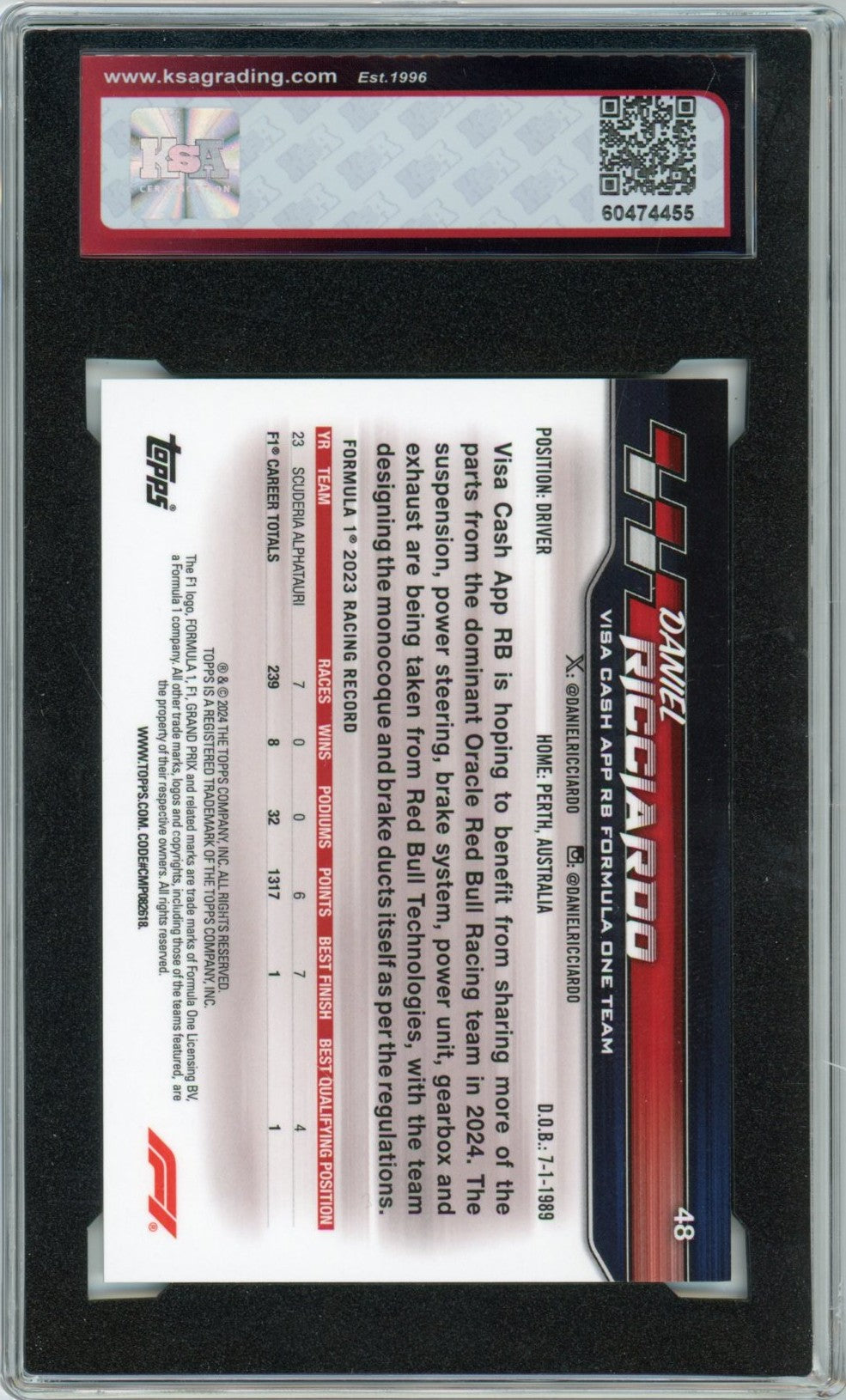 2024 Topps Paddock Pass F1 Formula 1 Daniel Ricciardo Chrome Green /275 Graded Card #48 KSA 10