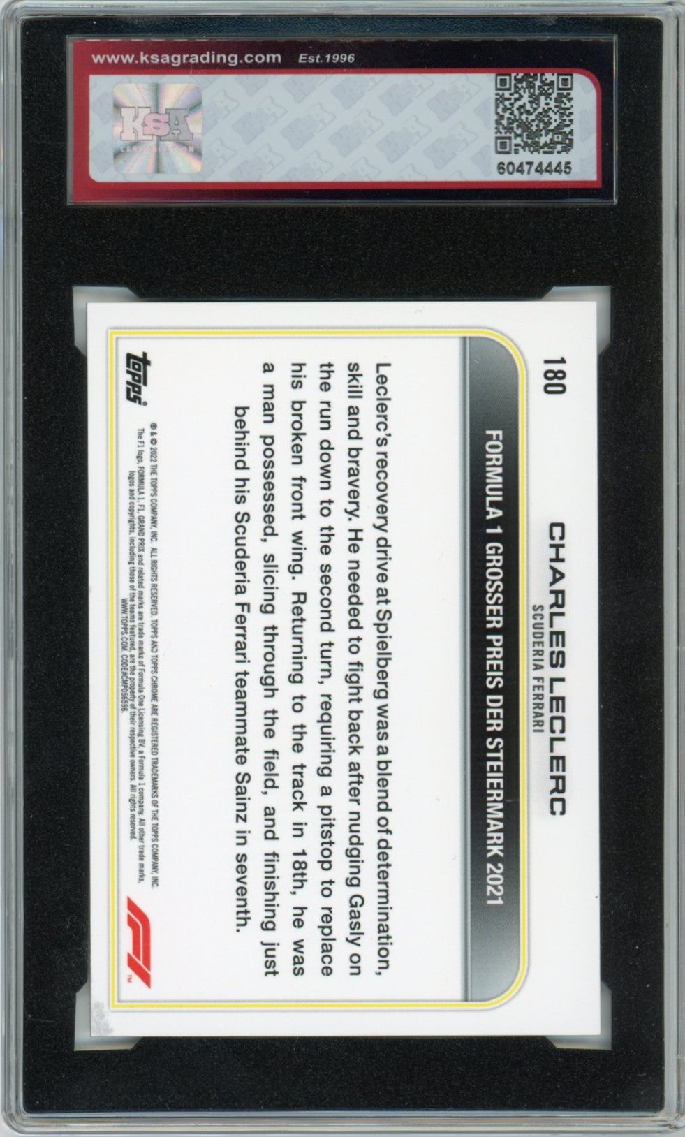 2022 Topps Chrome F1 Formula 1 Charles Leclerc Driver of the Day Graded Card #180 KSA 9