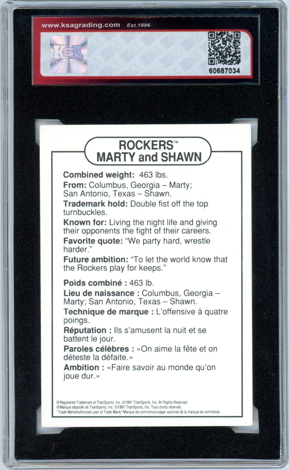 1991 Swanson WWF Rockers Marty and Shawn Graded Wrestling Card KSA 6.5