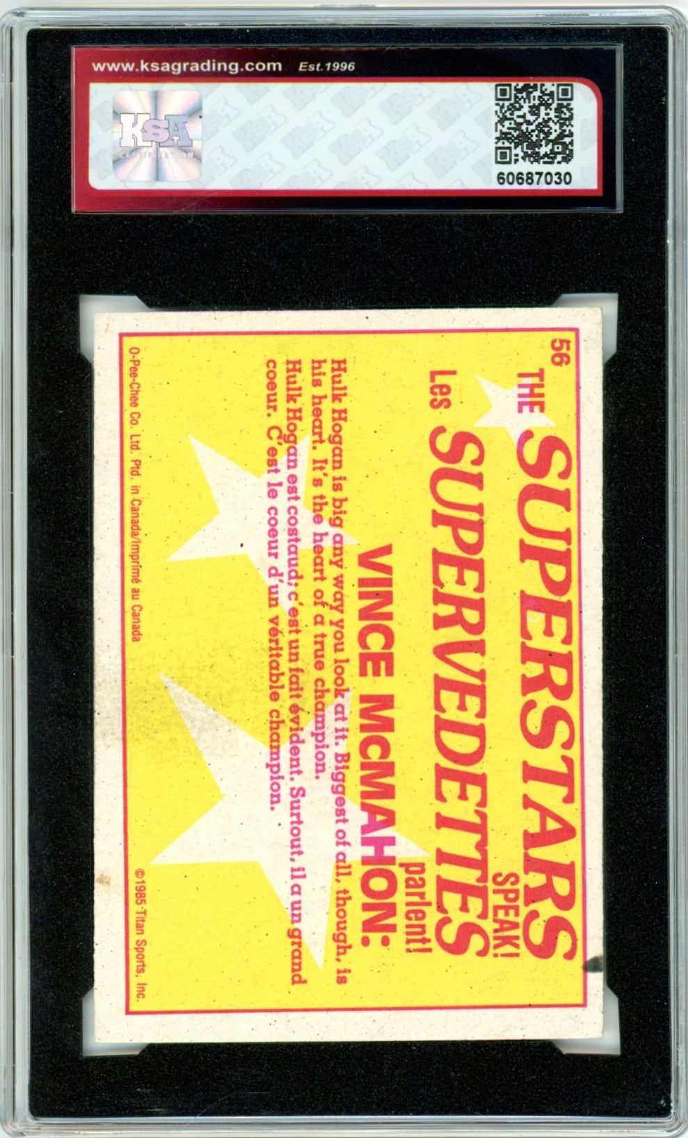 1985 OPC O-Pee-Chee WWF Series 2 Hulk Hogan / Vince McMahon #56 Graded Wrestling Rookie Card KSA 3