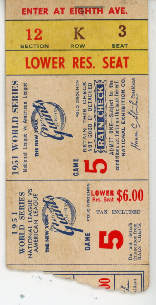 1951 World Series National League vs. American League NY Giants Vintage Ticket Stub Mickey Mantle Rookie