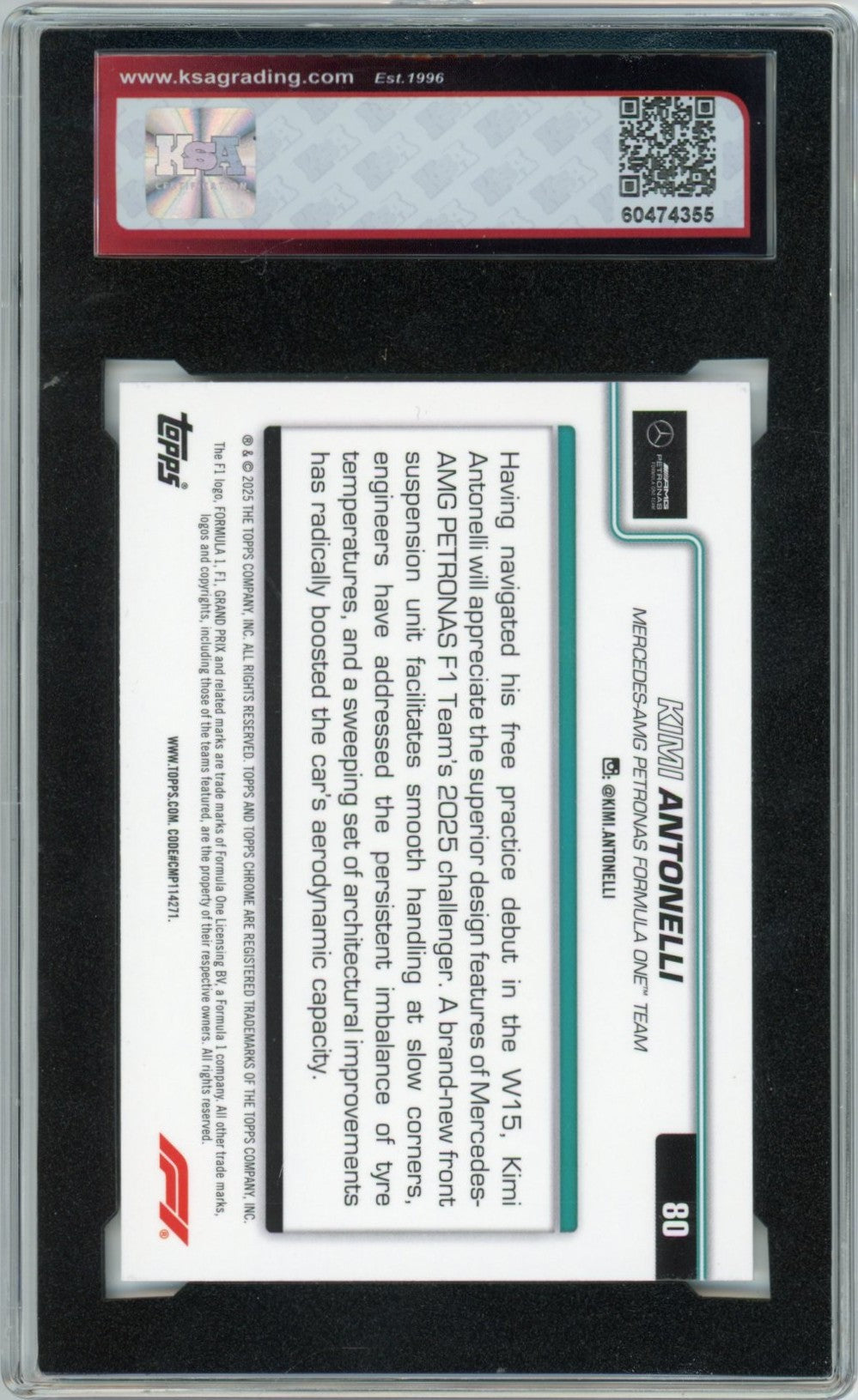 2025 Topps Chrome Formula 1 Kimi Antonelli F1 Car Graded Rookie Card #80 KSA 8.5
