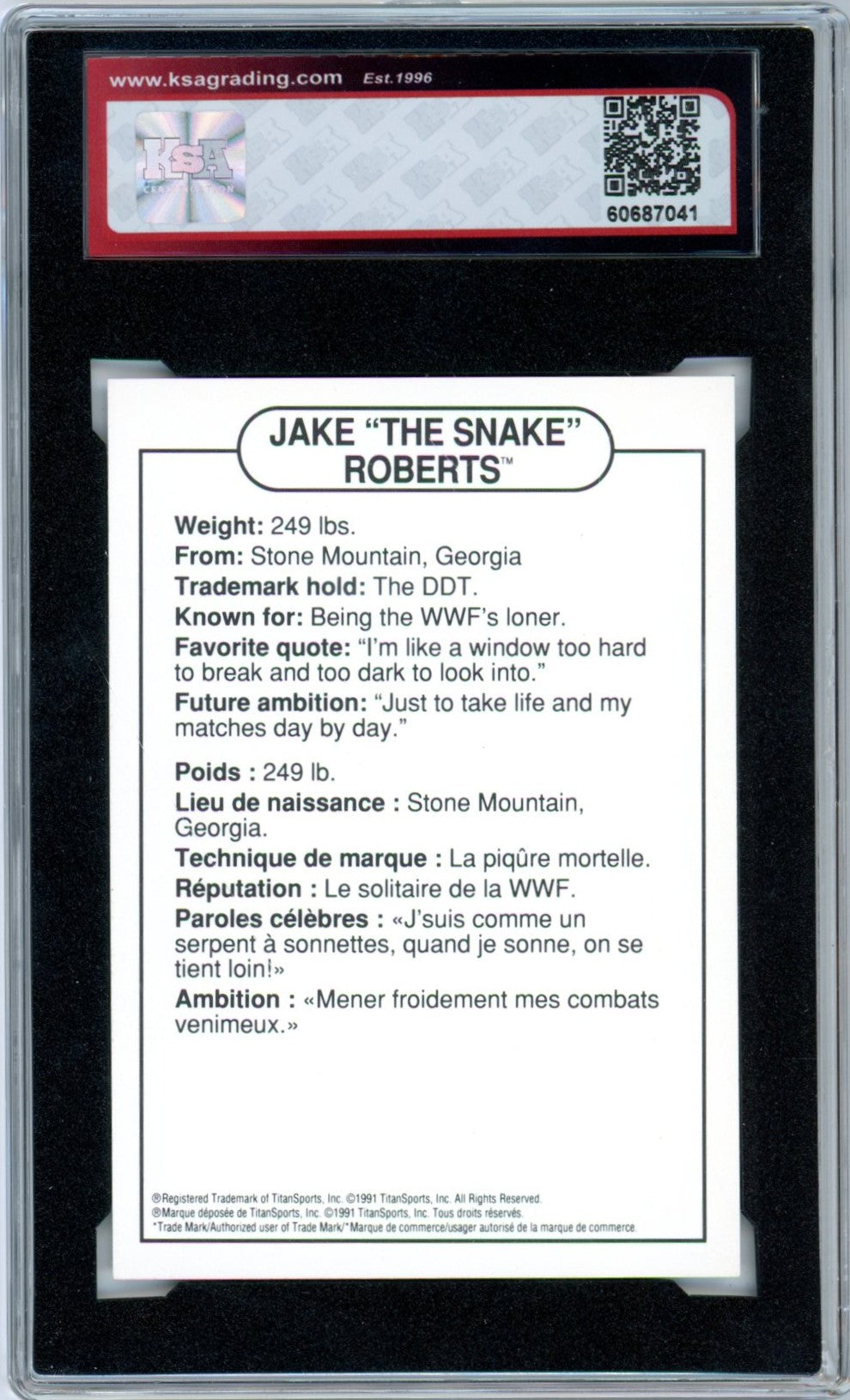 1991 Swanson WWF Jake "The Snake" Roberts Graded Wrestling Card KSA 8.5