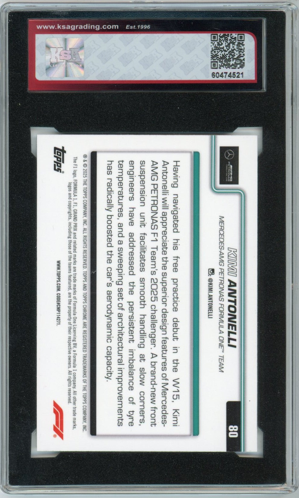 2025 Topps Chrome Formula 1 Kimi Antonelli # 80 F1 Car Graded Rookie Card KSA 8.5