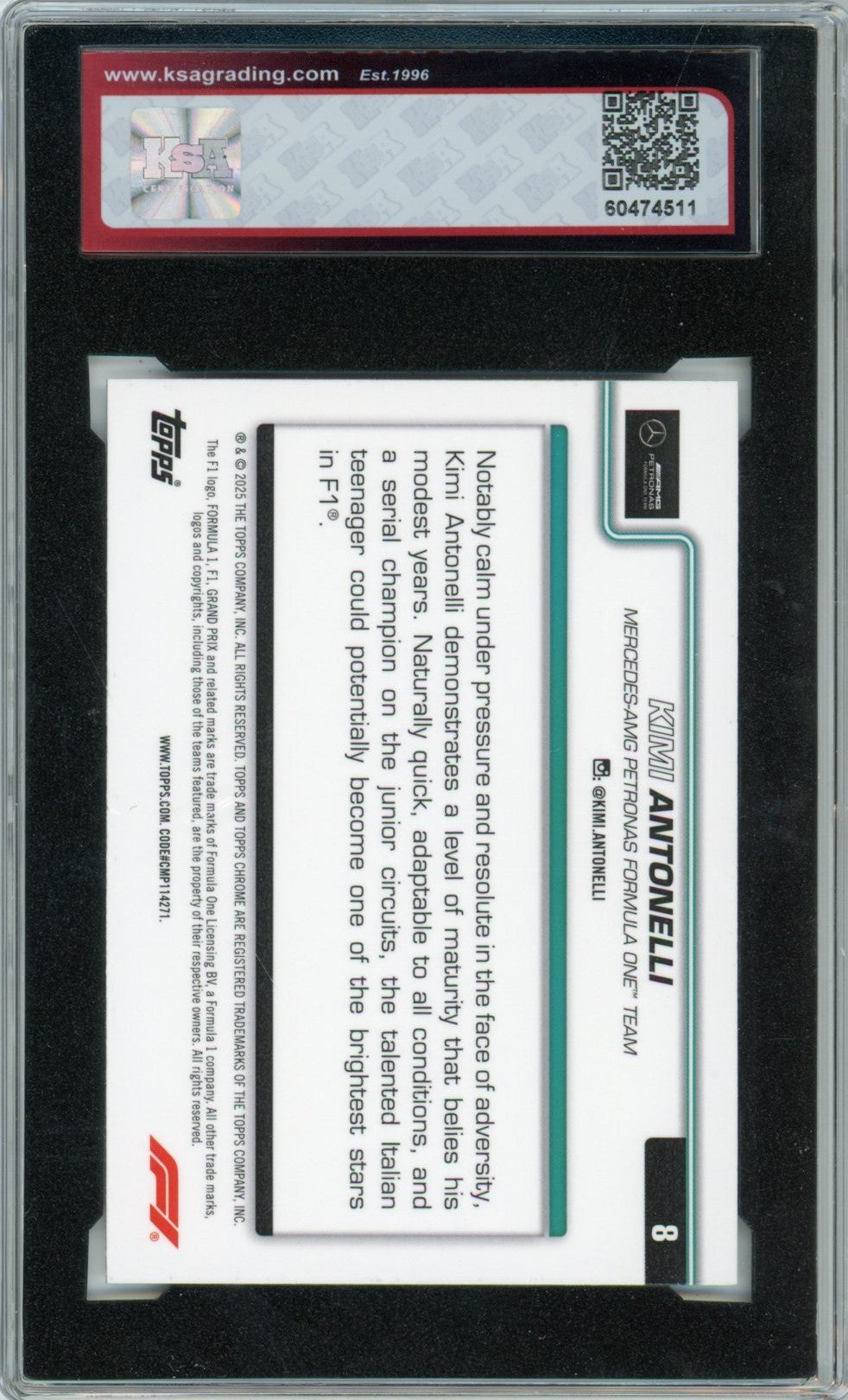 2025 Topps Chrome F1 Formula 1 Kimi Antonelli Graded Rookie Card #8 KSA 8.5
