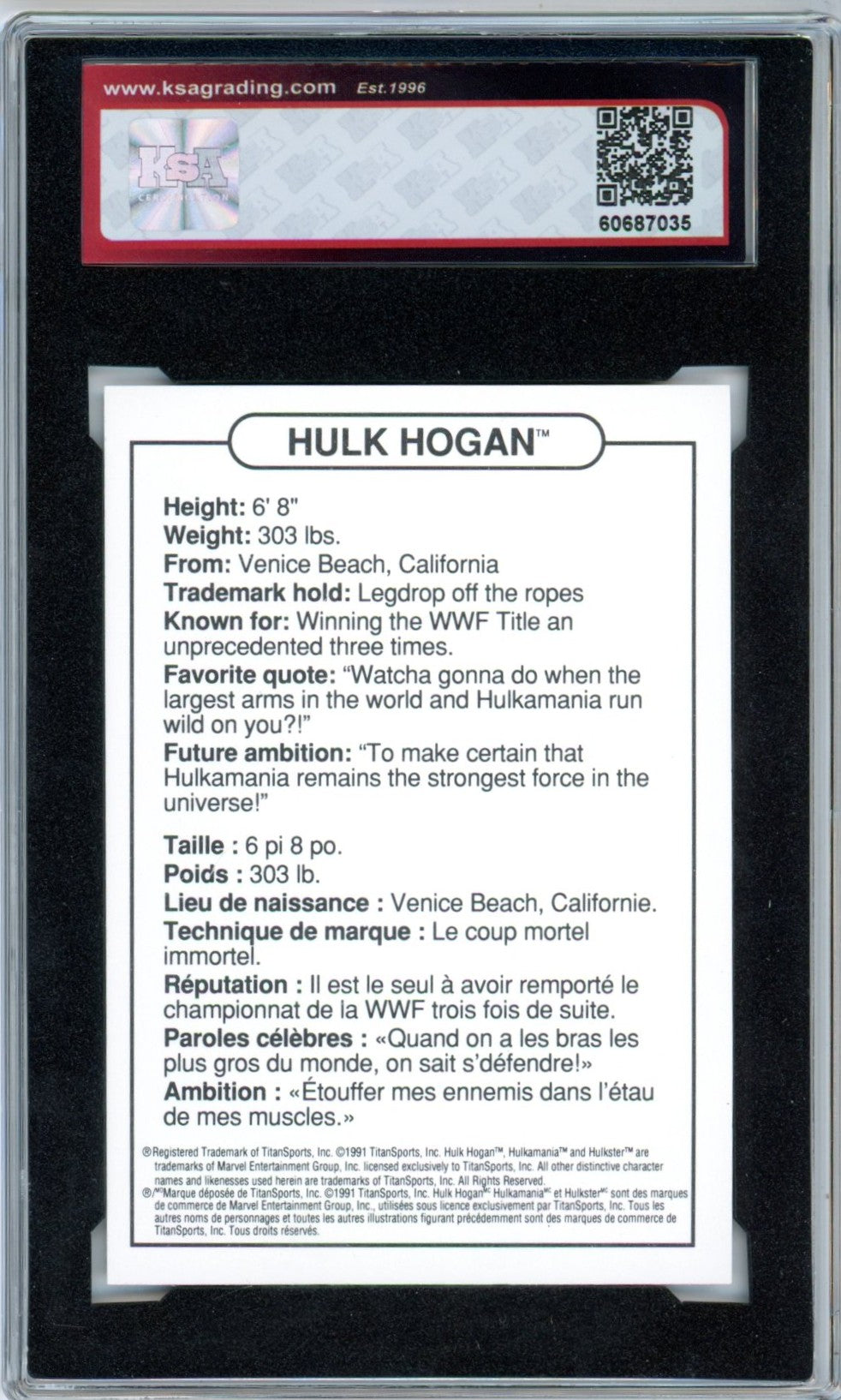 1991 Swanson WWF Hulk Hogan Graded Wrestling Card KSA 9