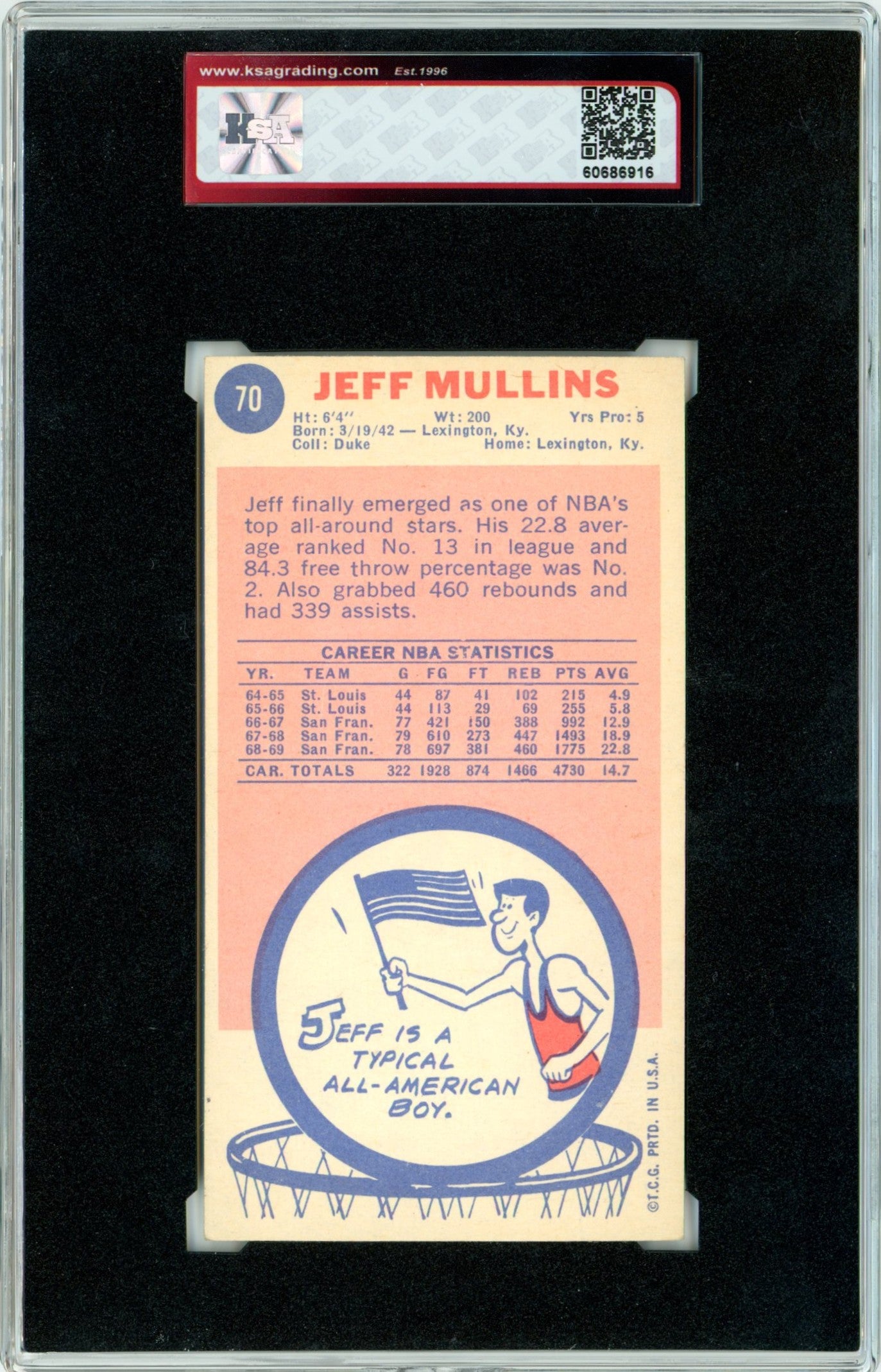 1969/70 Topps Jeff Mullins #70 Graded Basketball Rookie KSA 5.5