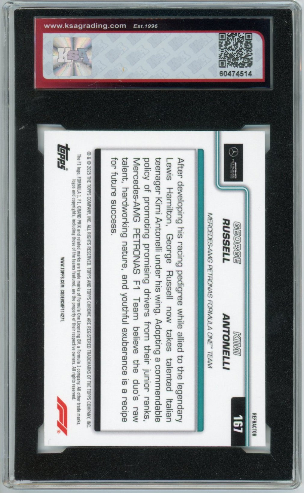 2025 Topps Chrome F1 Formula 1 George Russell Kimi Antonelli Refractor Graded Rookie Card KSA 8.5