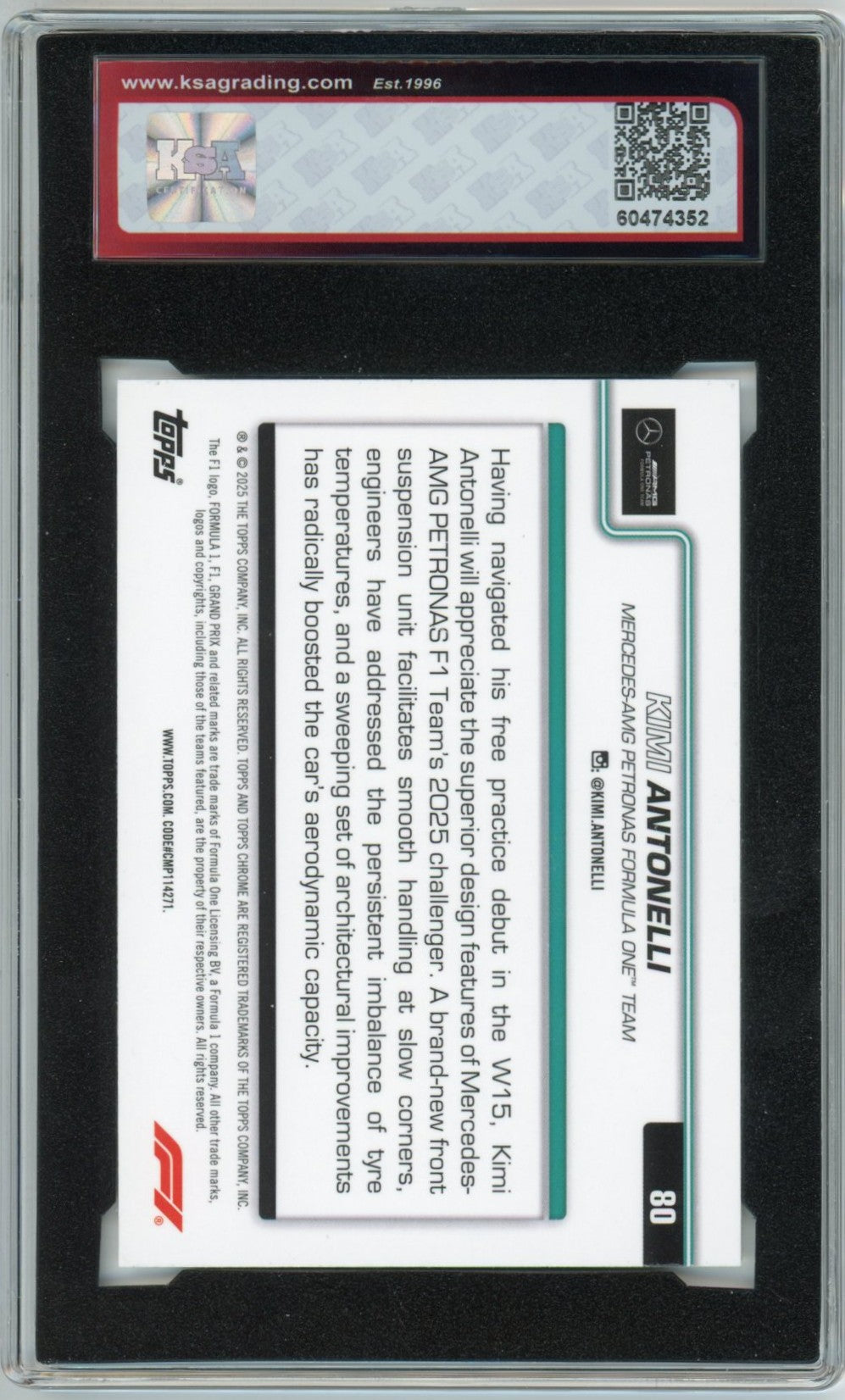 2025 Topps Chrome Formula 1 Kimi Antonelli #80 F1 Car Graded Rookie Card KSA 9