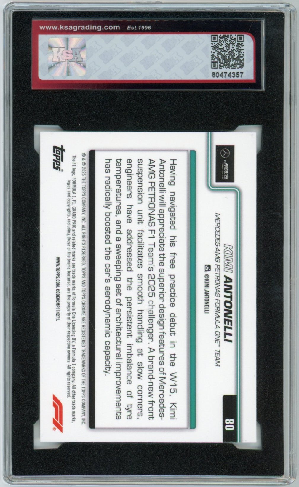 2025 Topps Chrome Formula 1 #80 Kimi Antonelli F1 Car Graded Rookie Card KSA 9