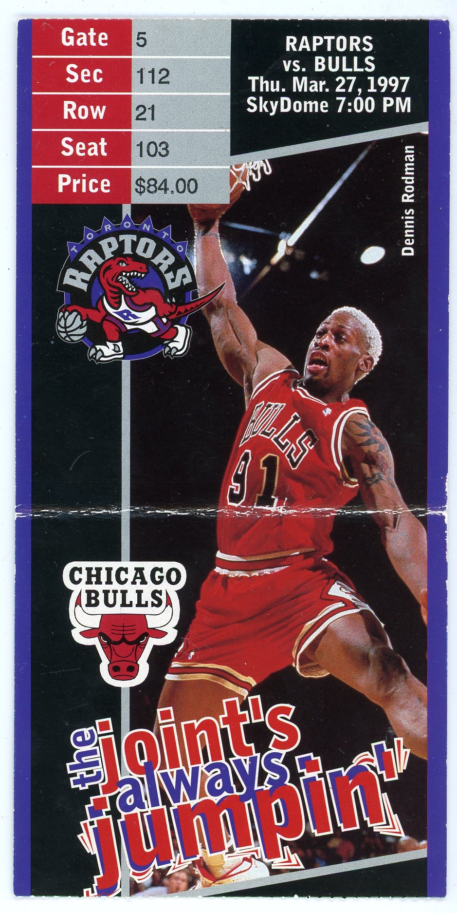 Toronto Raptors vs. Chicago Bulls Ticket Stub SkyDome (Toronto, 1997) Michael Jordan