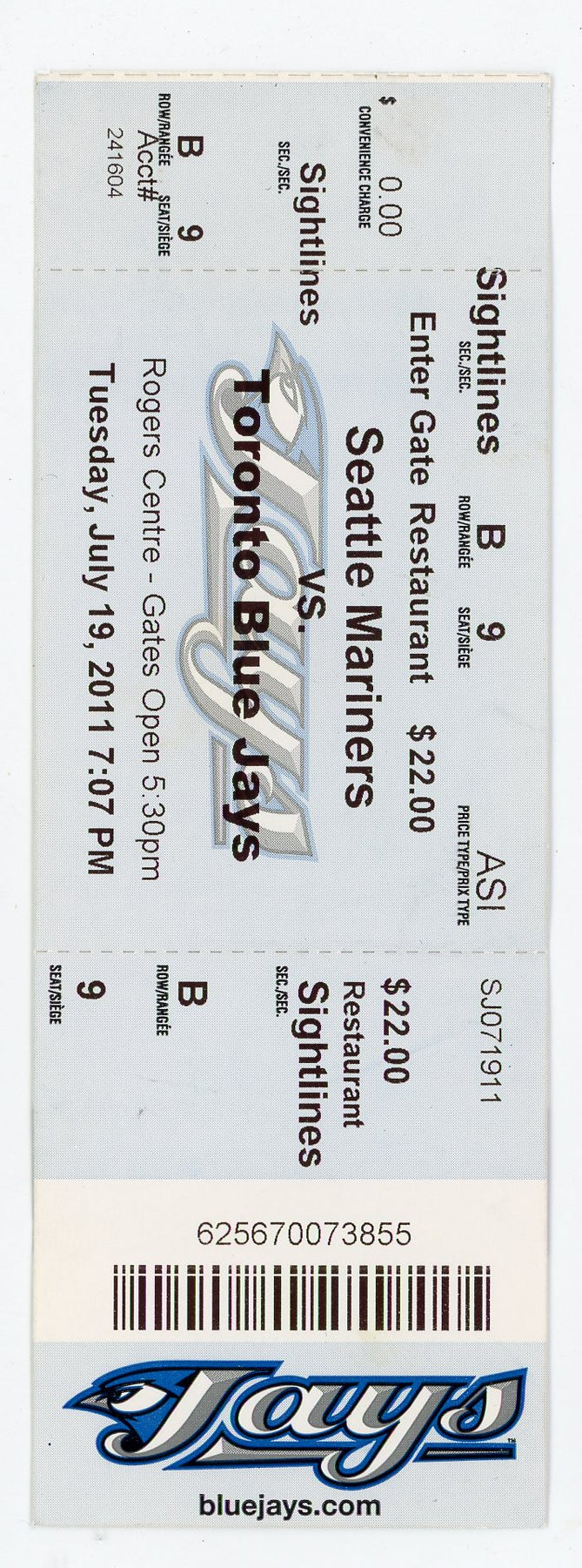 Seattle Mariners vs. Toronto Blue Jays Ticket Stub Rogers Centre (Toronto, 2011)