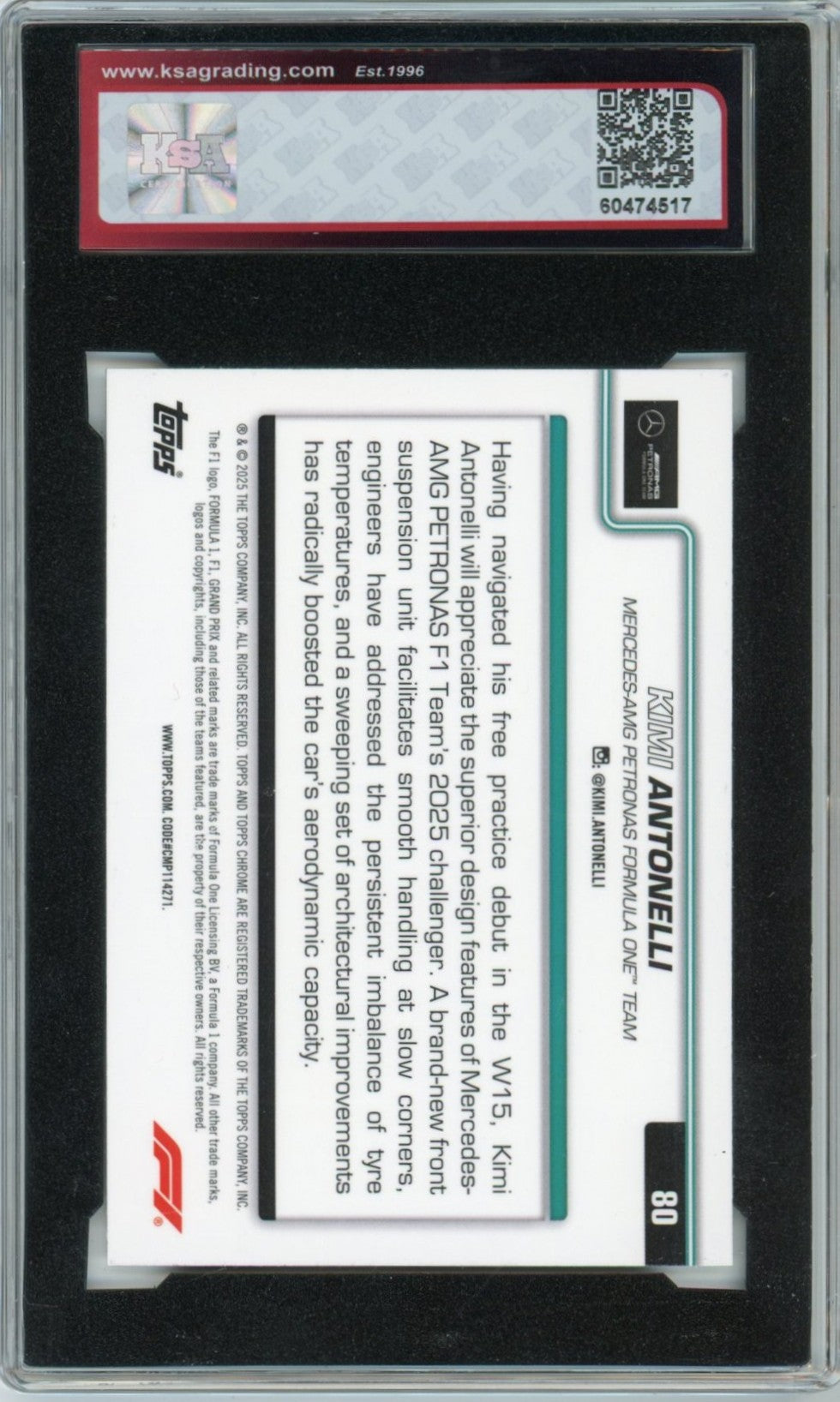 2025 Topps Chrome F1 Formula 1 Kimi Antonelli Car Graded Rookie Card KSA 9