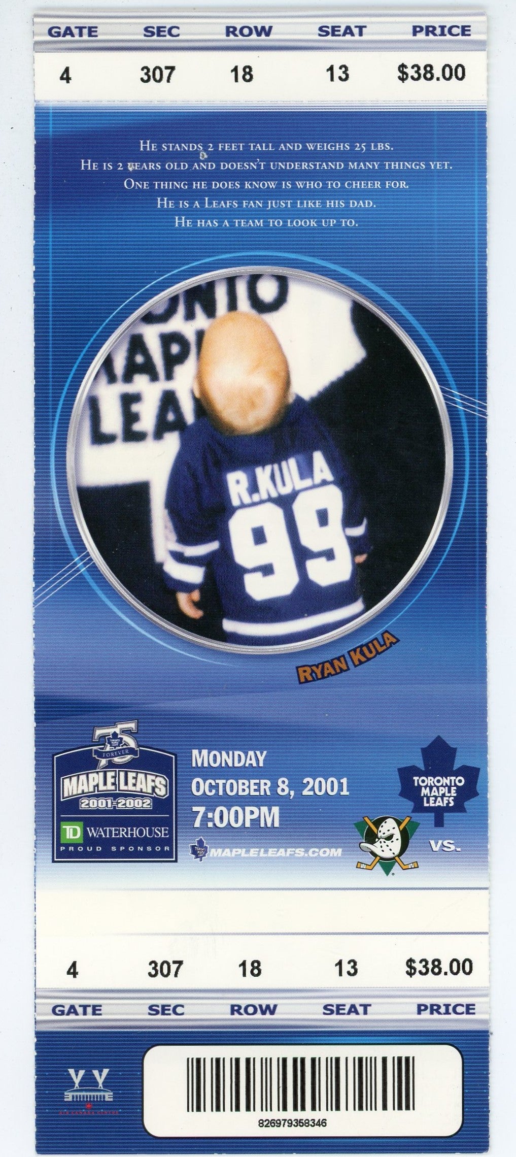 Toronto Maple Leafs vs. Anaheim Ducks Ticket Air Canada Centre (Toronto, 2001)