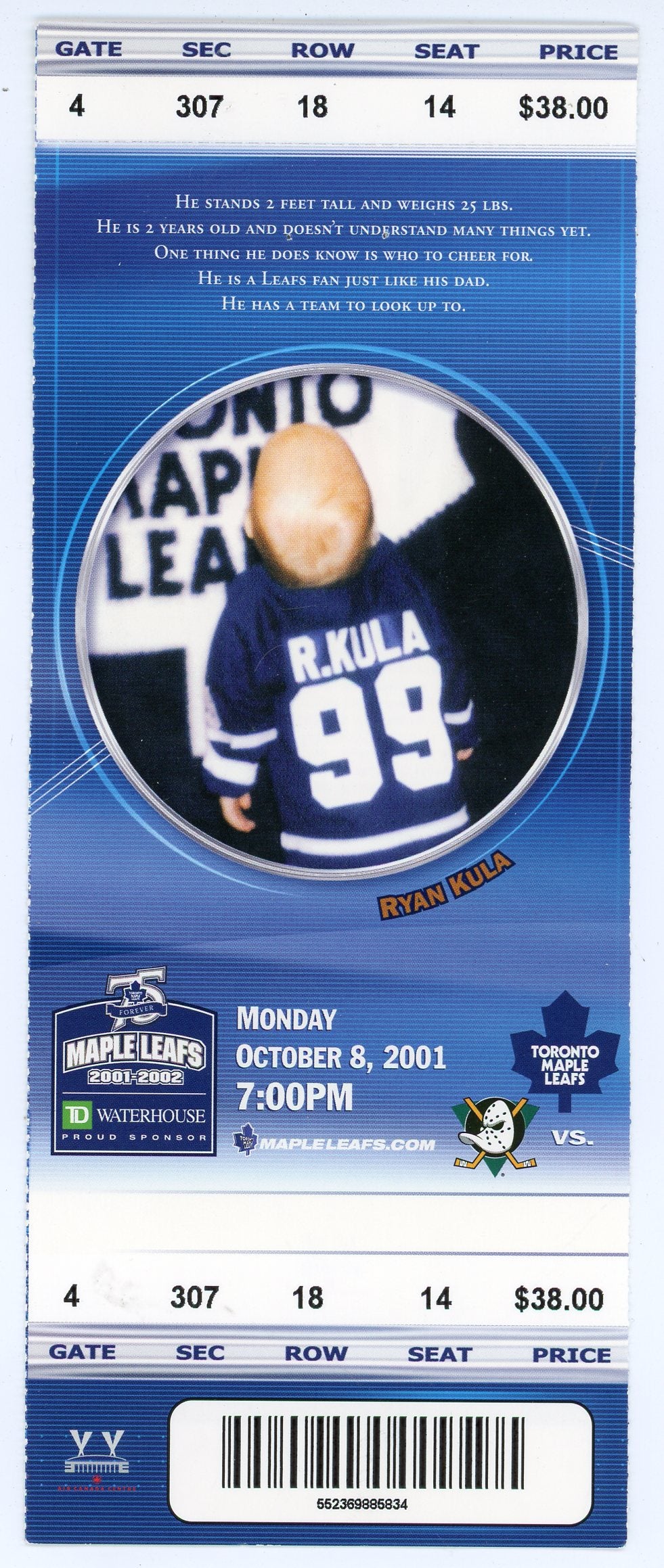 Toronto Maple Leafs vs. Anaheim Ducks Ticket Stub Air Canada Centre (Toronto, 2001)