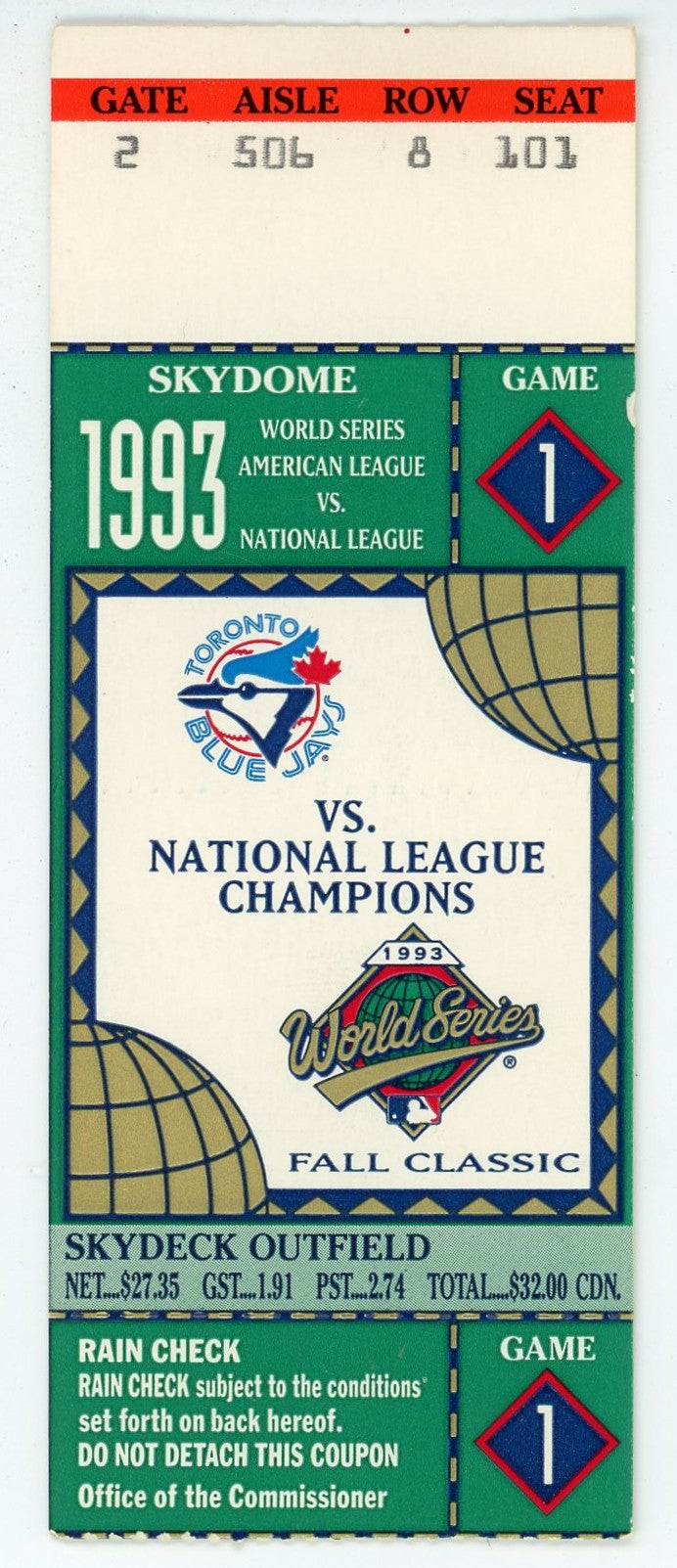 Toronto Blue Jays '93 World Series Fall Classic Game 1 Ticket Stub Skydome (Toronto, 1993)