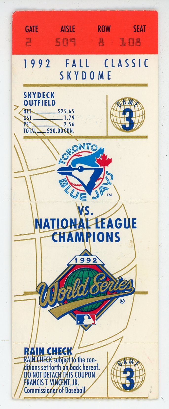 Toronto Blue Jays '92 World Series Fall Classic Game 3 Ticket Stub Skydome (Toronto, 1992)