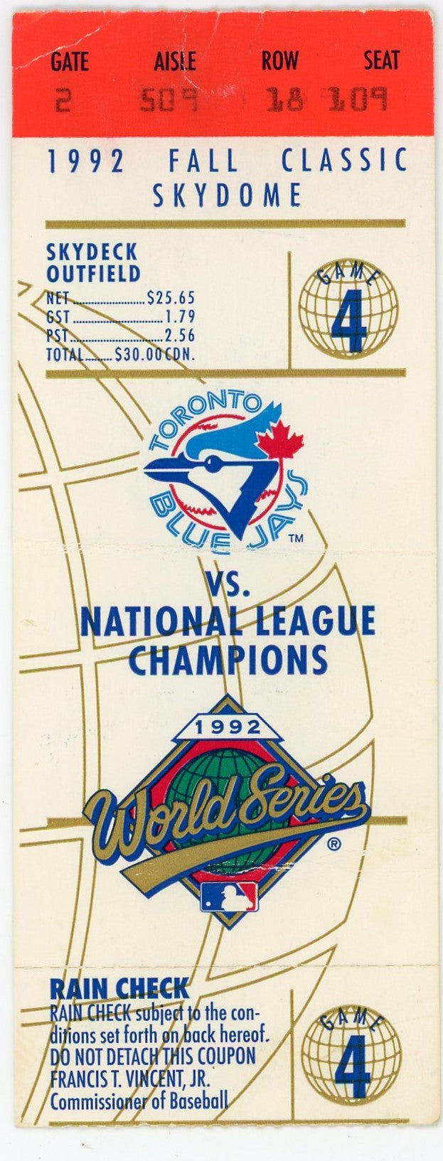 Toronto Blue Jays '92 World Series Fall Classic Game 4 Ticket Stub Skydome (Toronto, 1992)
