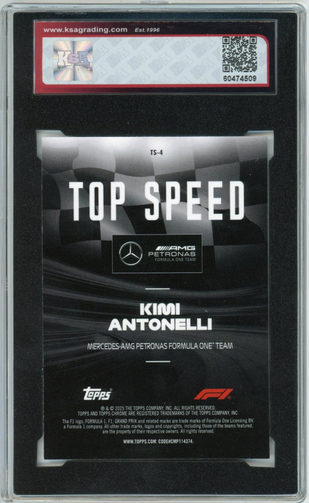 2025 Topps Chrome F1 Formula 1 Kimi Antonelli Top Speed #TS-4 Graded Rookie Card KSA 9