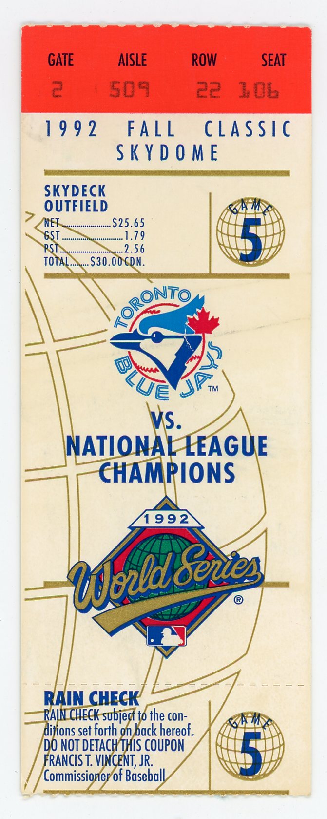 Toronto Blue Jays '92 World Series Fall Classic Game 5 Ticket Stub Skydome (Toronto, 1992)