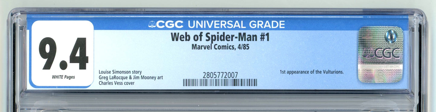 1985 Marvel Comics Web of Spider-Man #1 Graded Comic Book CGC 9.4 1st Appearance of the Vulturions