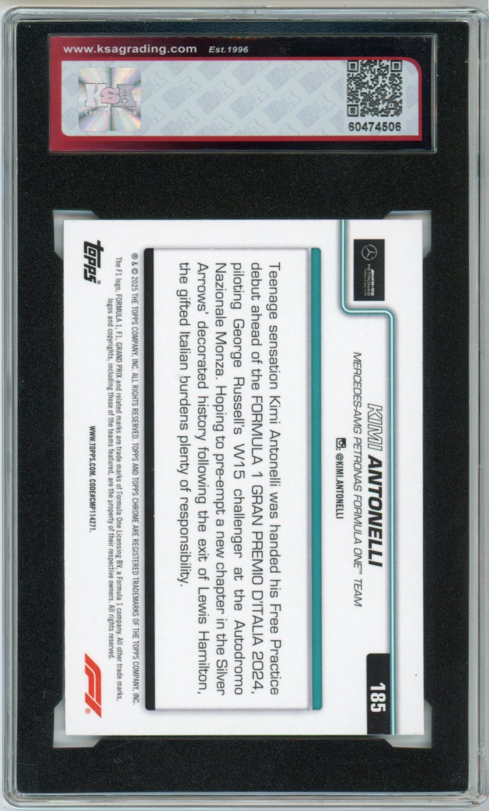 2025 Topps Chrome F1 Formula 1 Kimi Antonelli On the Move #185 Graded Rookie Card KSA 9
