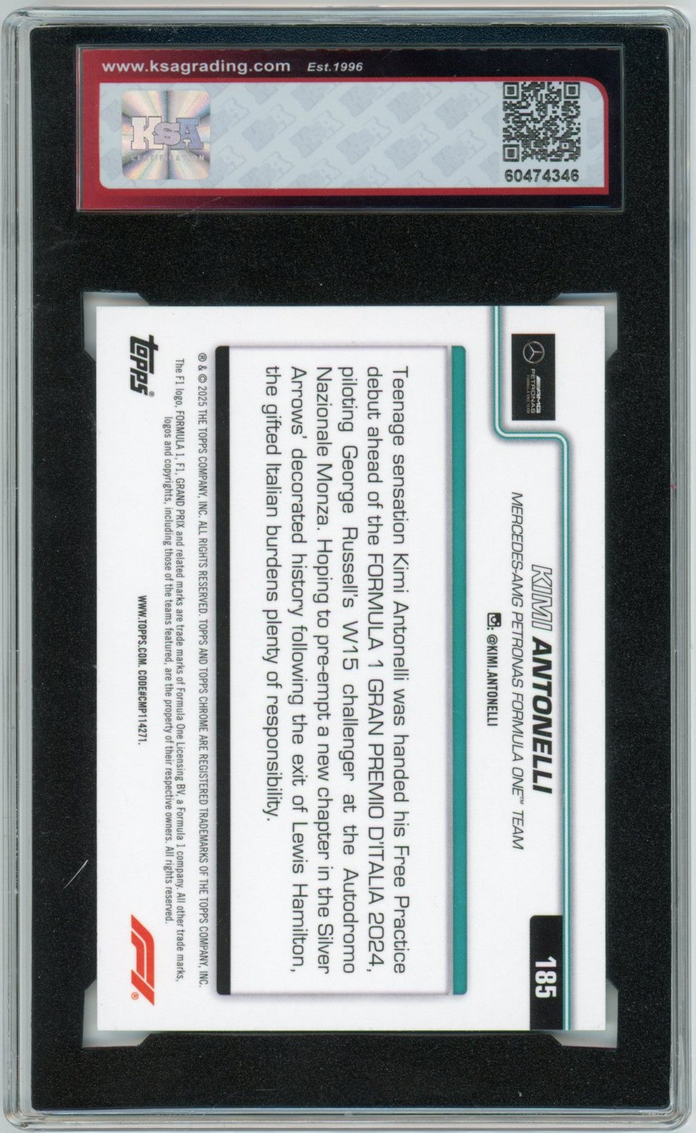 2025 Topps Chrome F1 Formula 1 #185 Kimi Antonelli On the Move Graded Rookie Card KSA 9