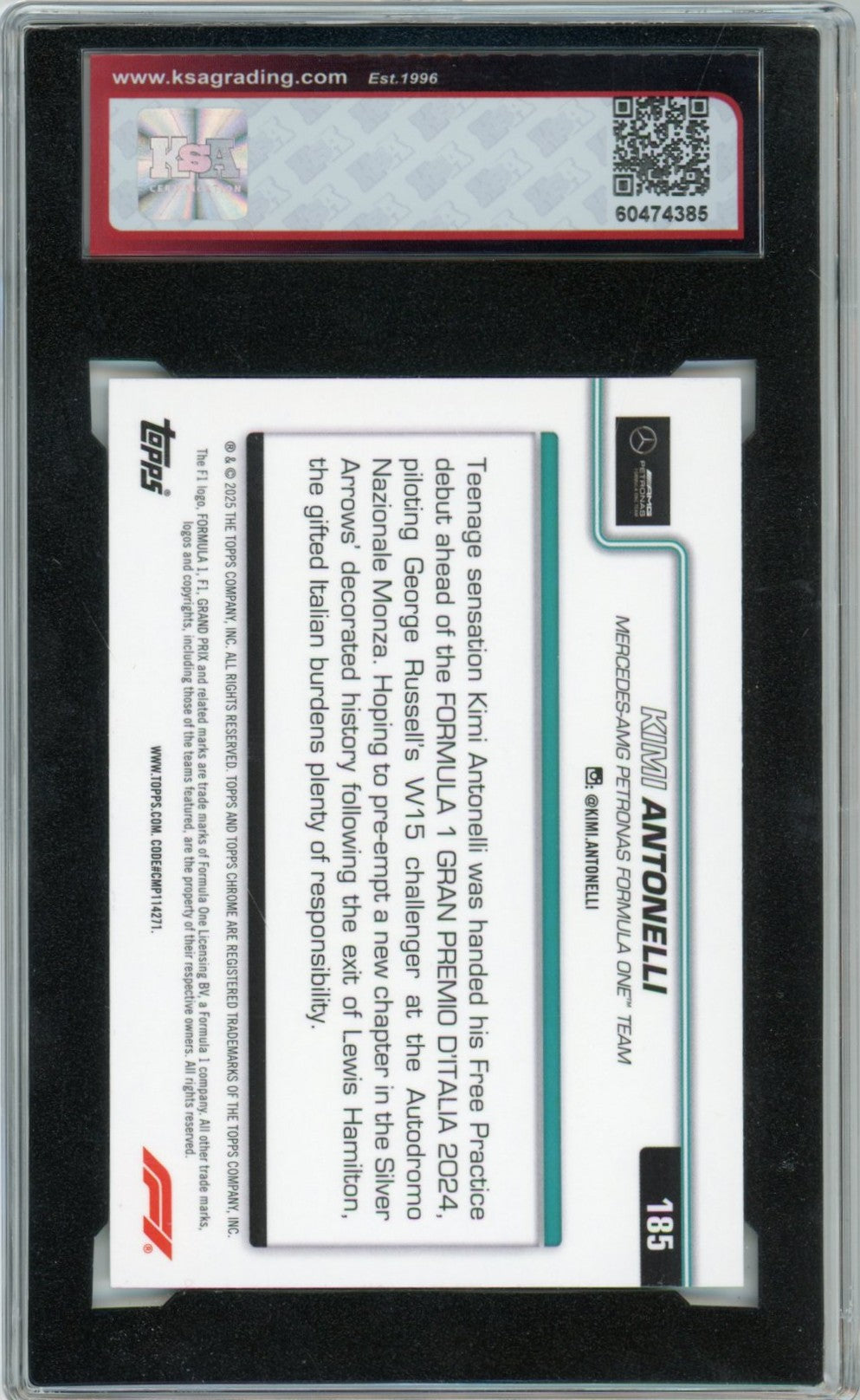 2025 Topps Chrome F1 Formula 1 Kimi Antonelli #185 On the Move Graded Rookie Card KSA 9